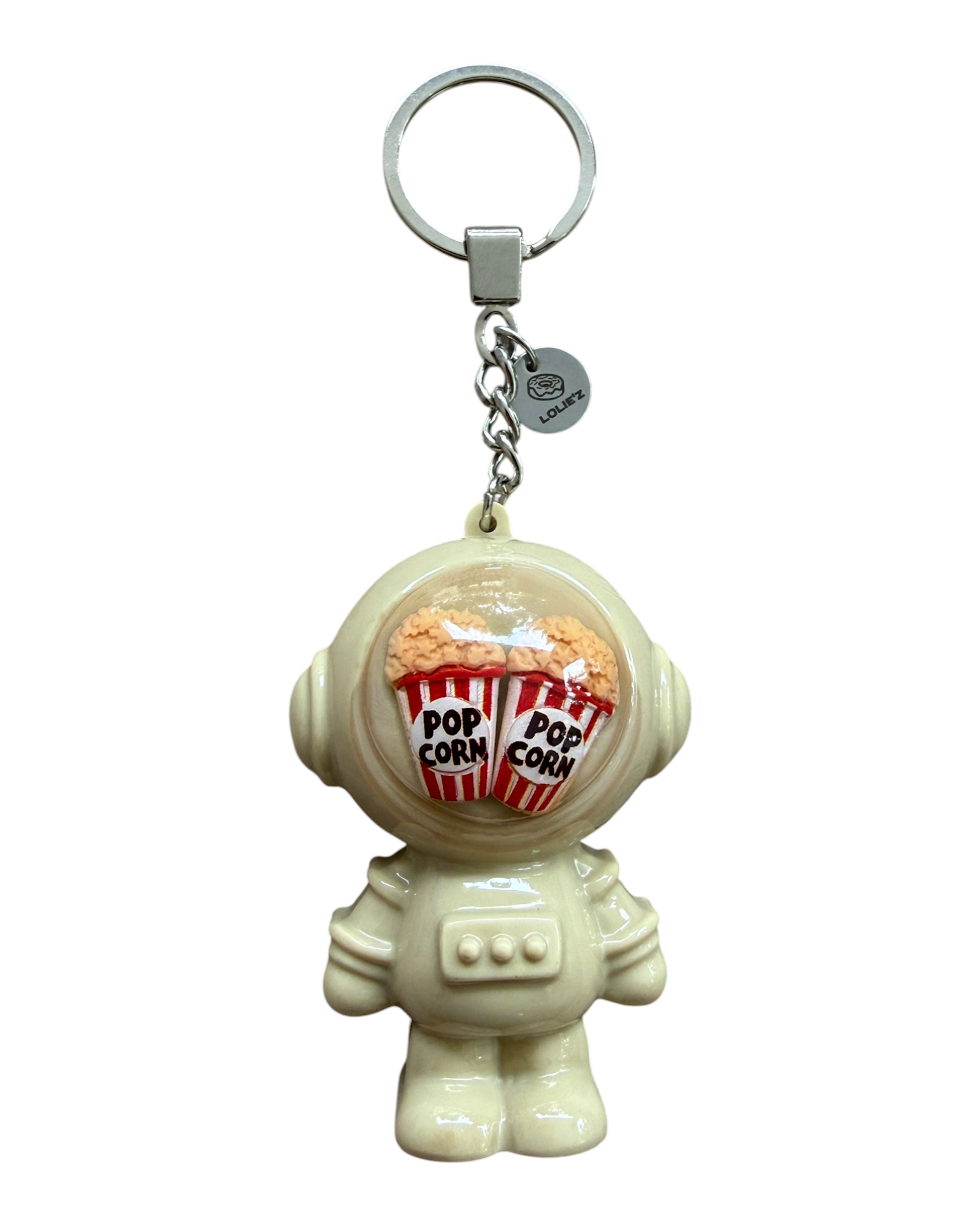 Porte-clés Andy Movie Night de Lolie’z, petit Astro Boy popcorn fabriqué à la main en résine époxy avec médaille logo gravée.
