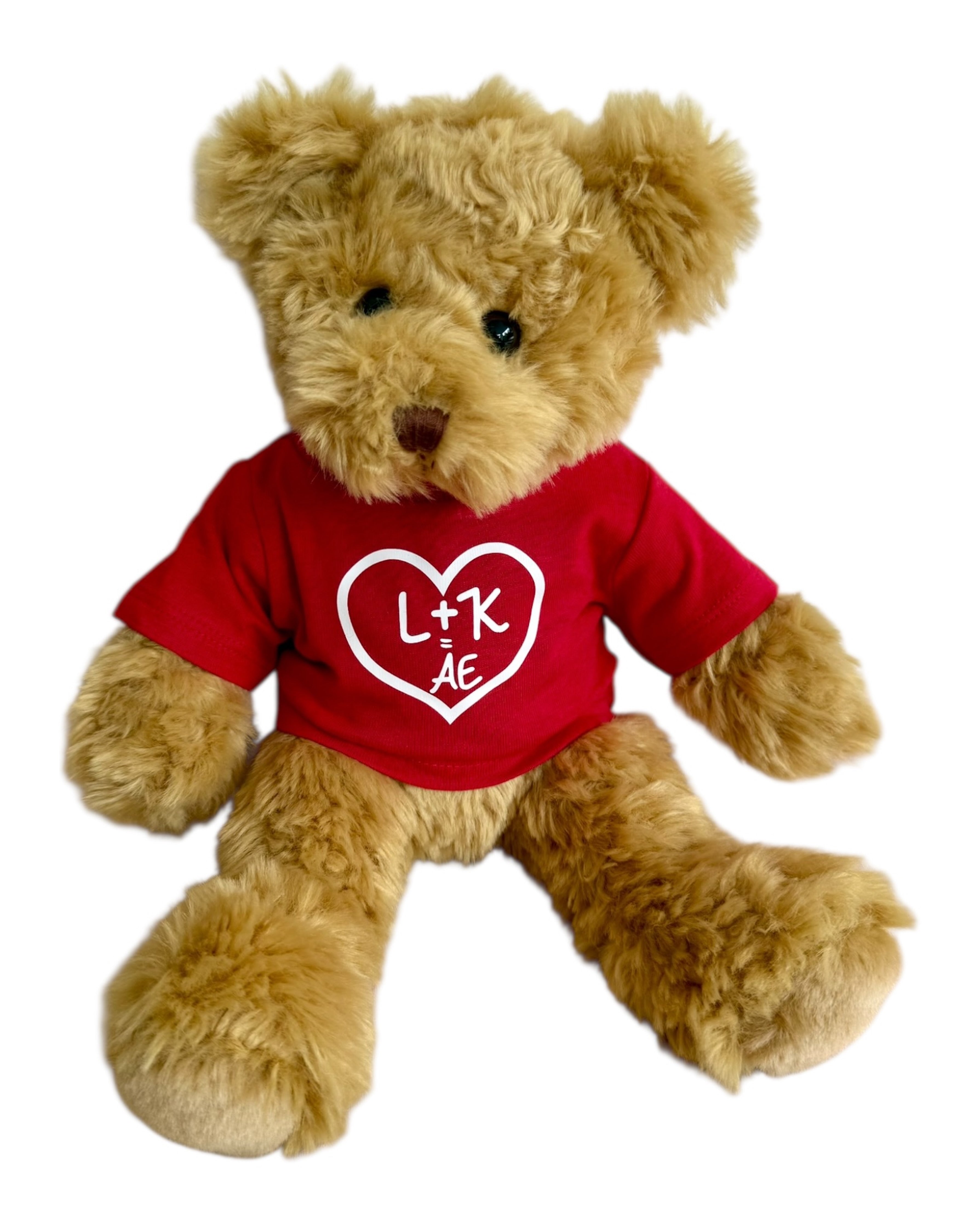 Doudou Archie édition limitée Saint-Valentin avec t-shirt rouge, cœur blanc et initiales, symbole d’amour tendre et romantique.