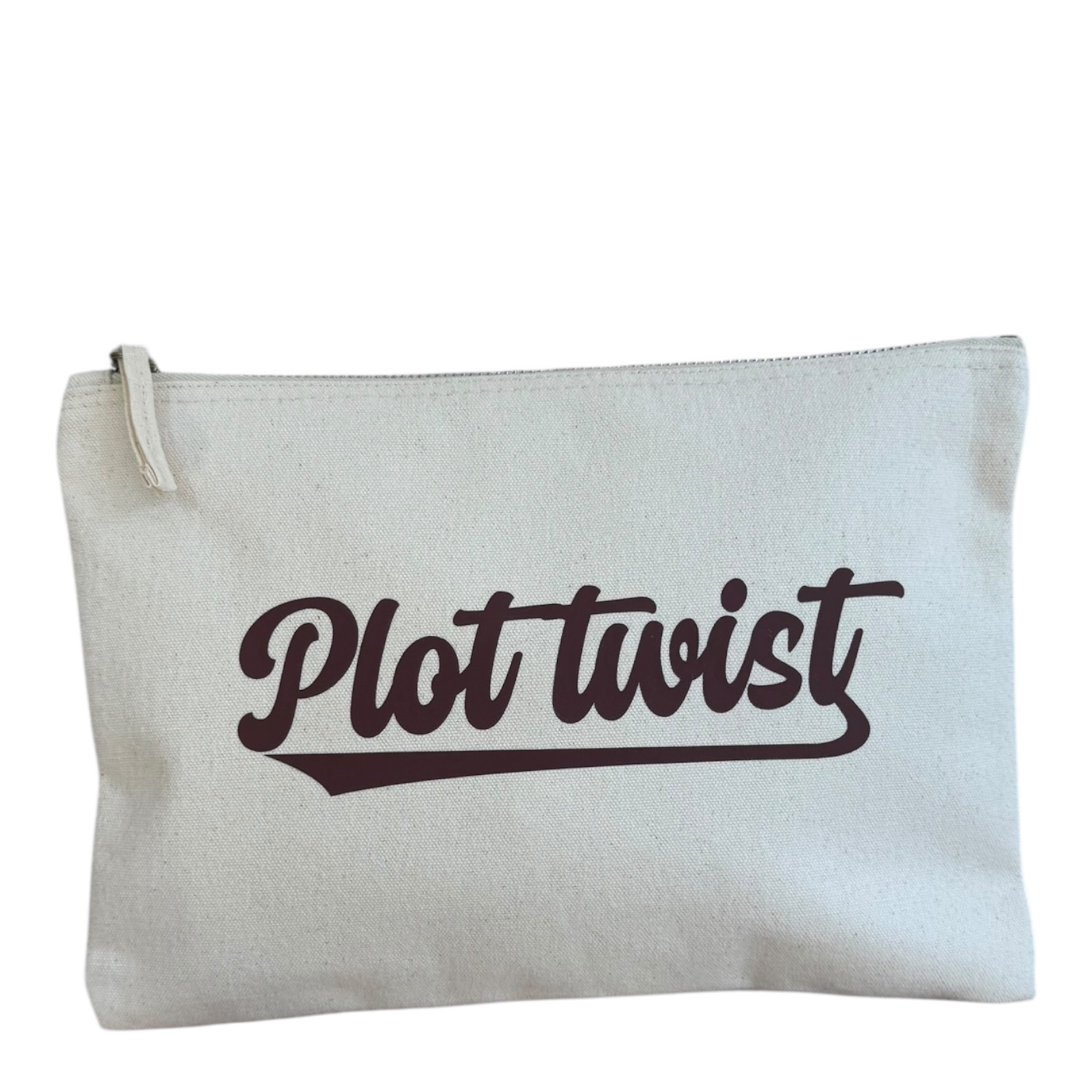 Grande pochette de lecture en coton beige avec inscription “Plot Twist”, idéale pour transporter livres, liseuse et accessoires de lecteur.