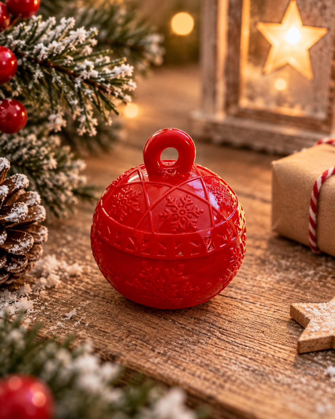 ingle Box en résine époxy mise en scène dans une décoration de Noël chaleureuse