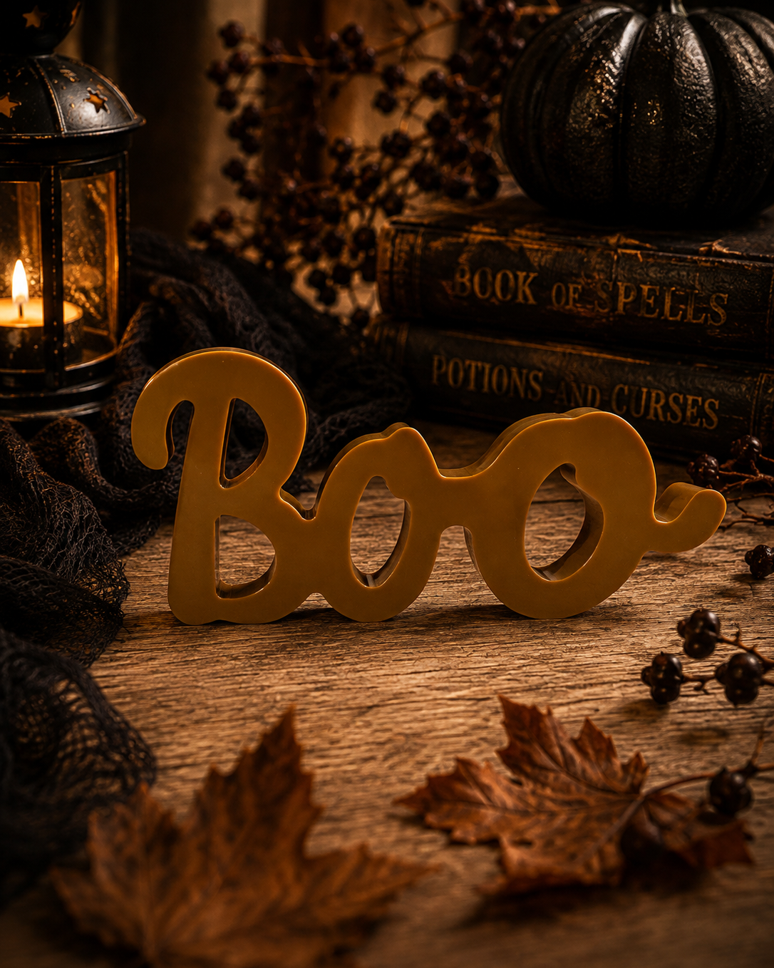 Décoration BOO en résine époxy mise en scène dans un décor Halloween sombre avec citrouille noire et feuilles d’automne.