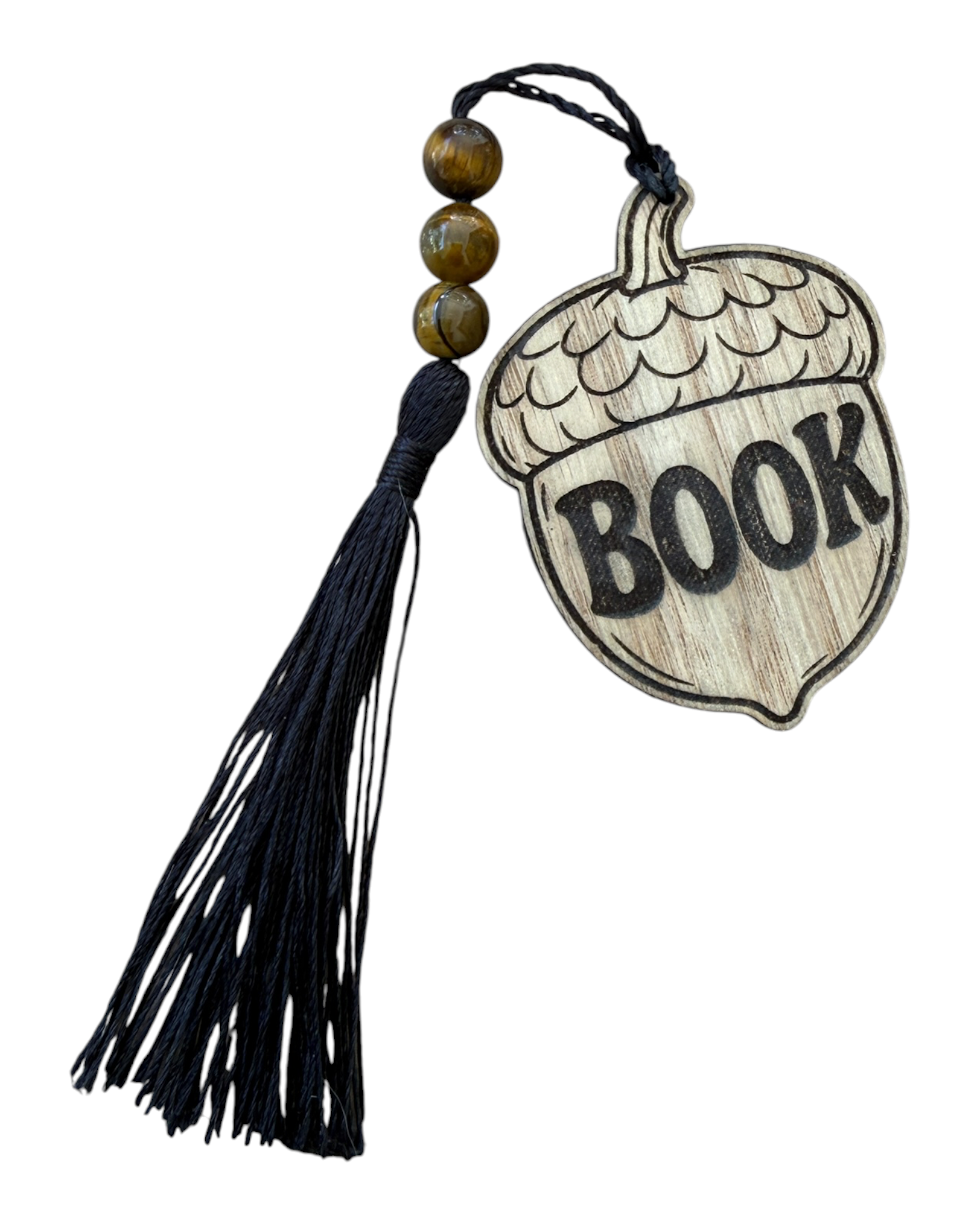Bookmark Acorn en bois gravé Lolie’z inspiré d’un gland d’automne, terminé à la main avec cordon, perles aux tons naturels et pompon.