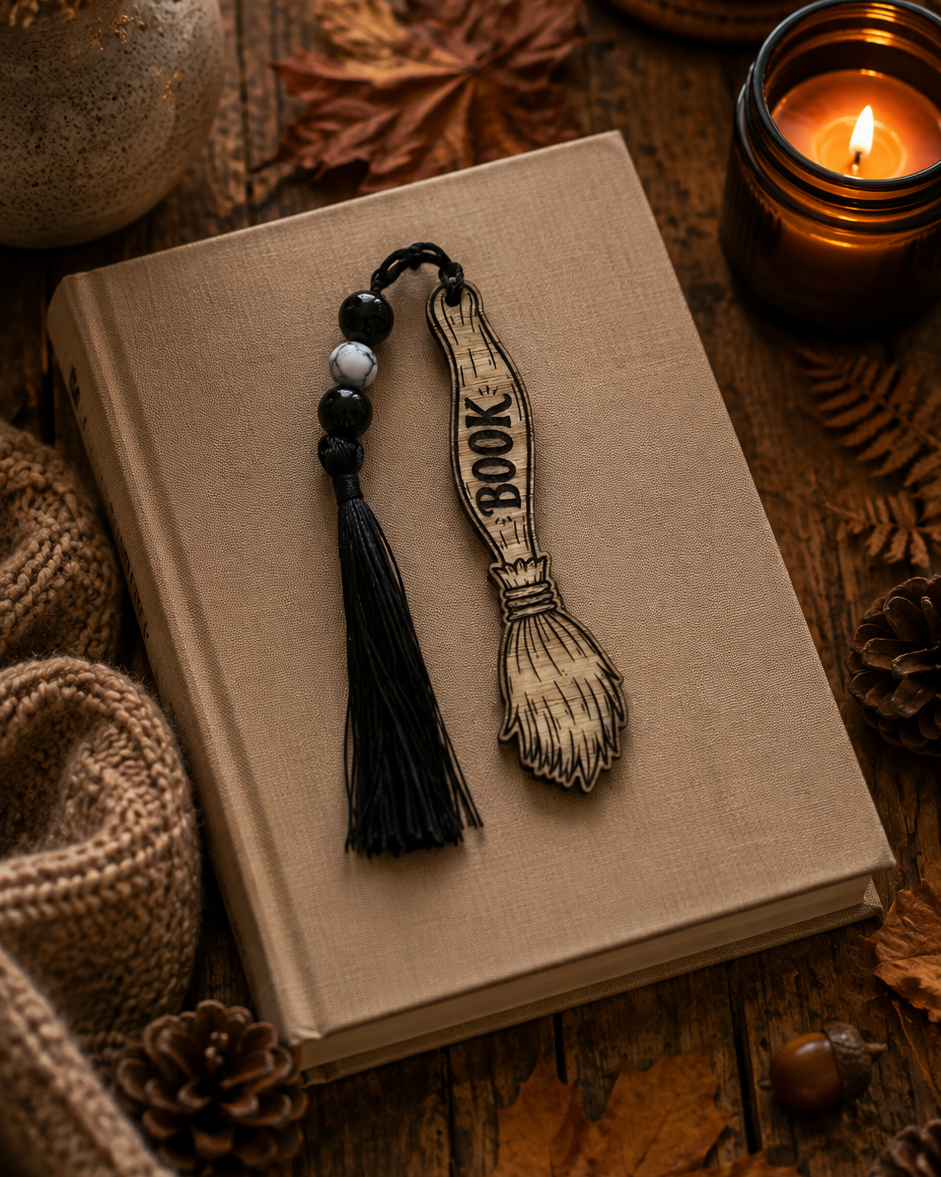 Bookmark Book & Broom en bois gravé représentant un balai de sorcière, inspiré des lectures fantastiques et de l’univers d’Halloween.
