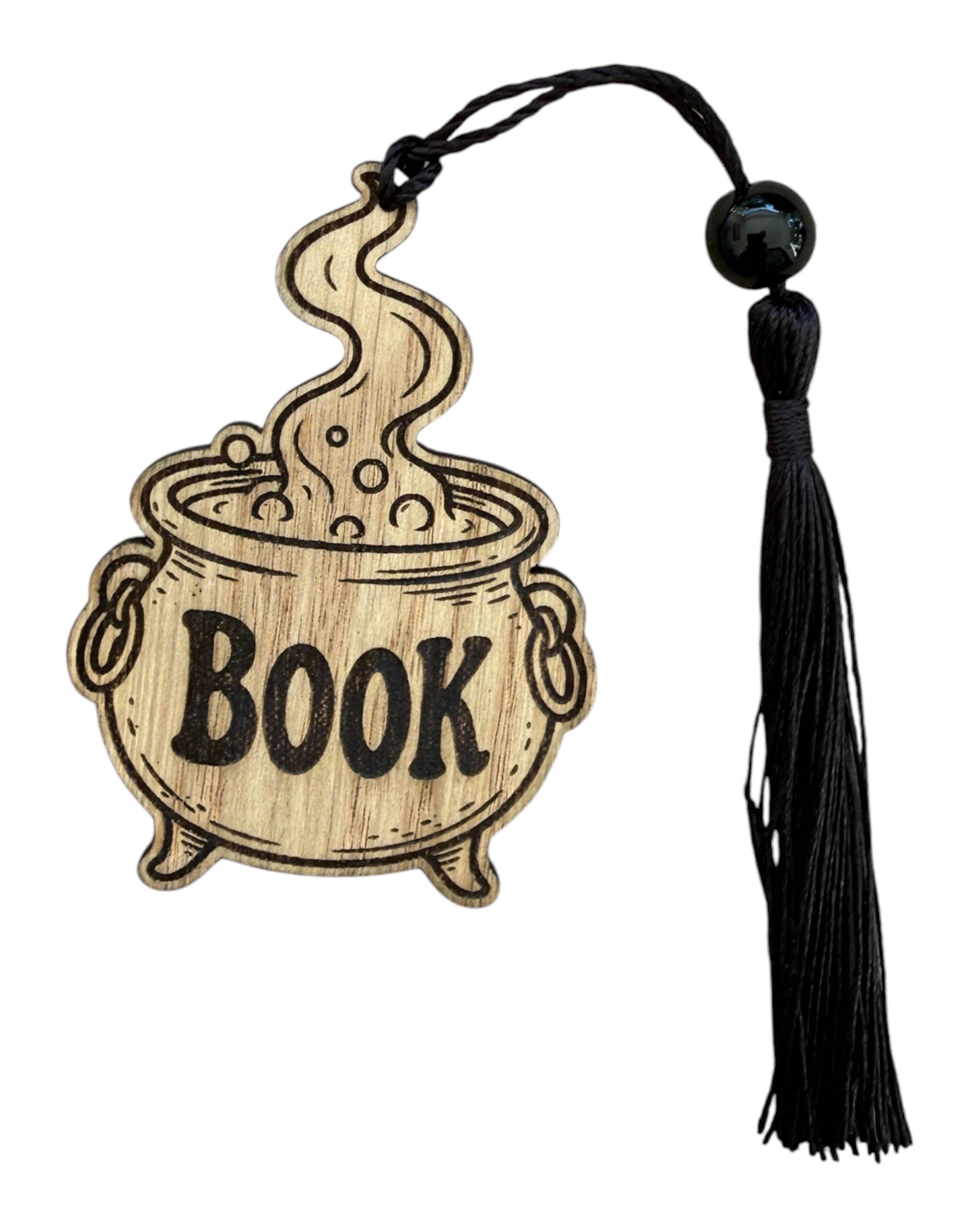 Marque-page SPELL POT en bois découpé et gravé en forme de chaudron avec potion, inscription BOOK, perle et pompon noir.