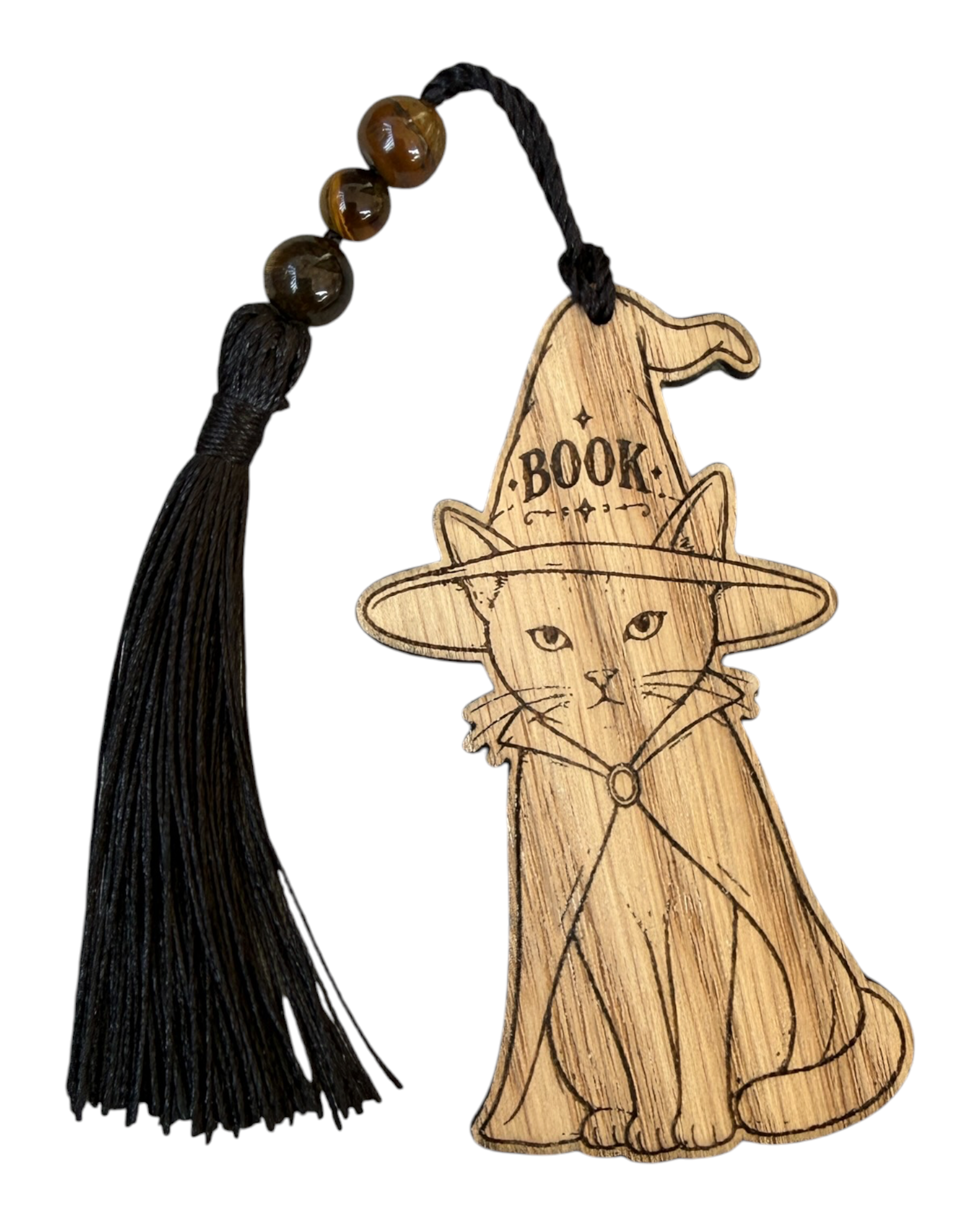 Marque-page PROFESSOR CAT en contreplaqué chêne découpé et gravé en forme de chat avec cape et chapeau de sorcier, terminé à la main.
