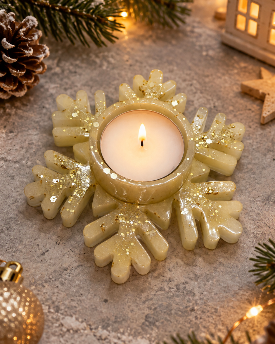 Bougeoir All Is Bright en forme de flocon, réalisé à la main en résine époxy pour la décoration de Noël.