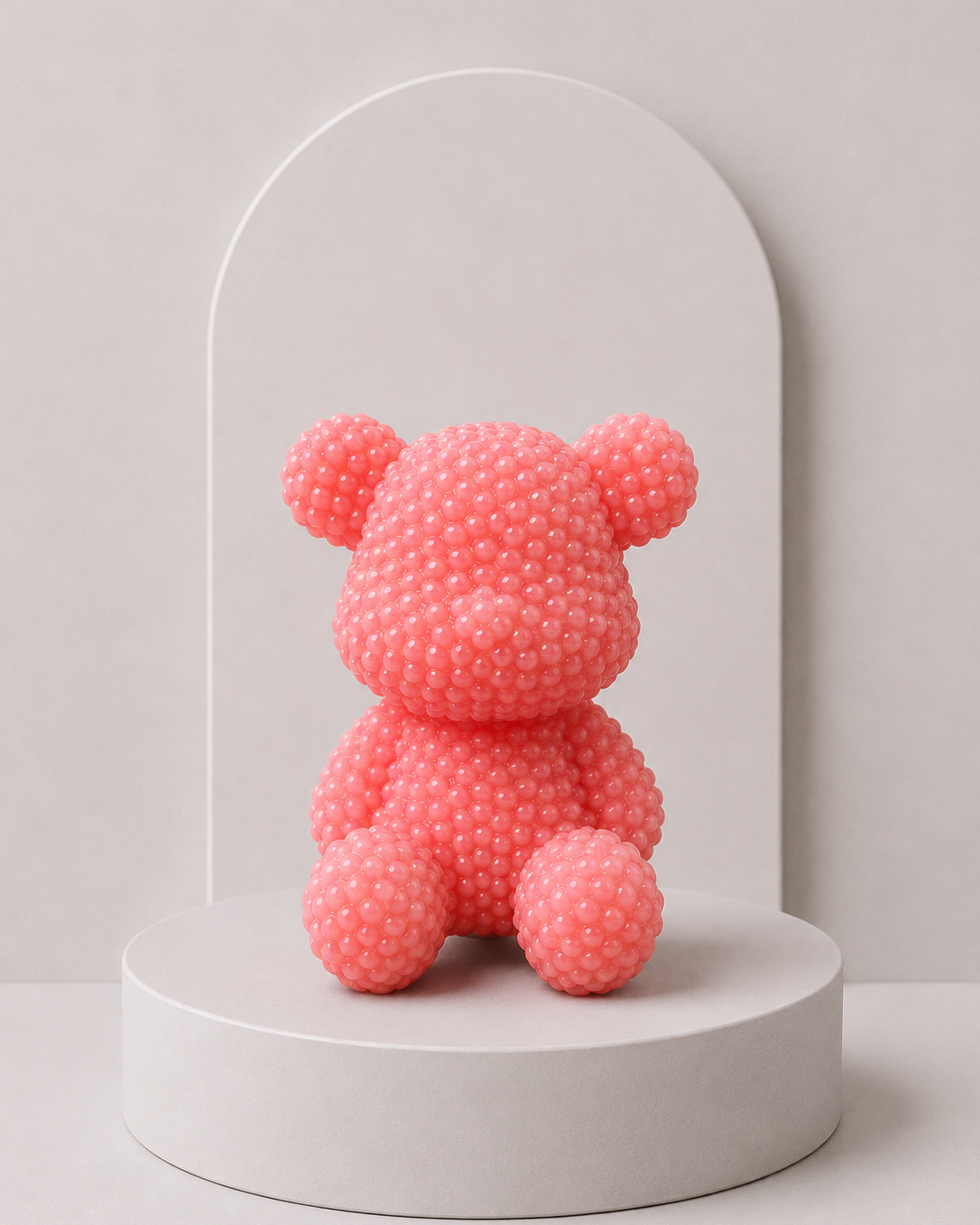 Bubble Ted Bellini, ours décoratif en résine époxy couleur pêche rosé, création artisanale Lolie’z.
