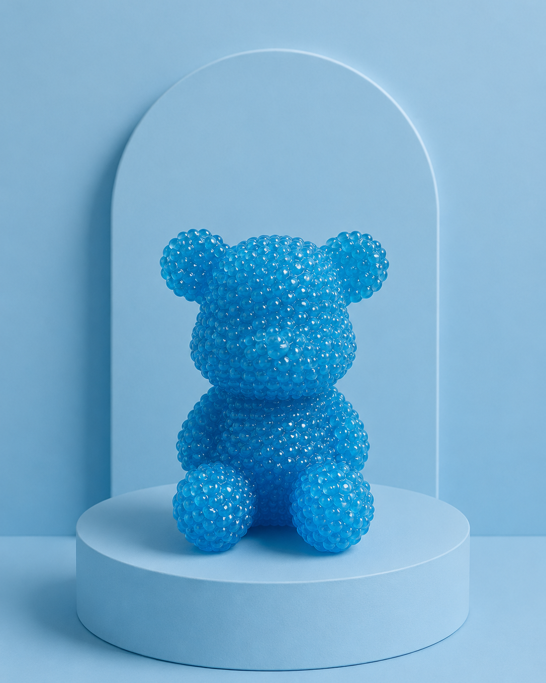 Bubble Ted Blue Pop, ours décoratif bleu vif en résine époxy transparente à la texture bullée.
