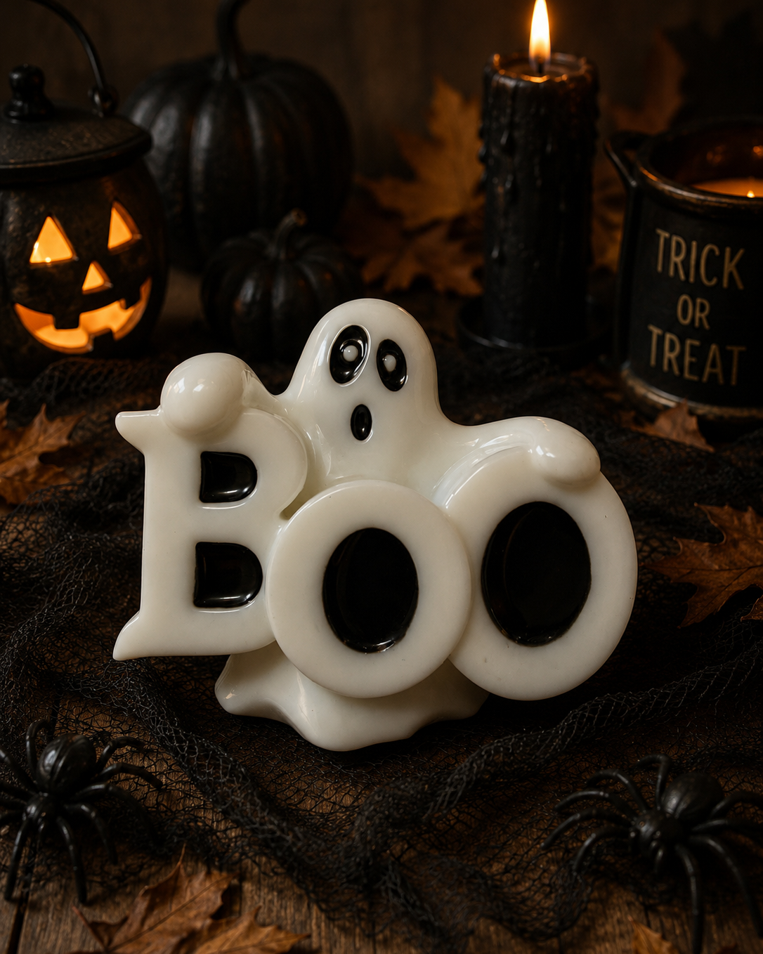 Burton Boo, fantôme décoratif Halloween en résine époxy fait main avec pancarte BOO – création artisanale Lolie’z.