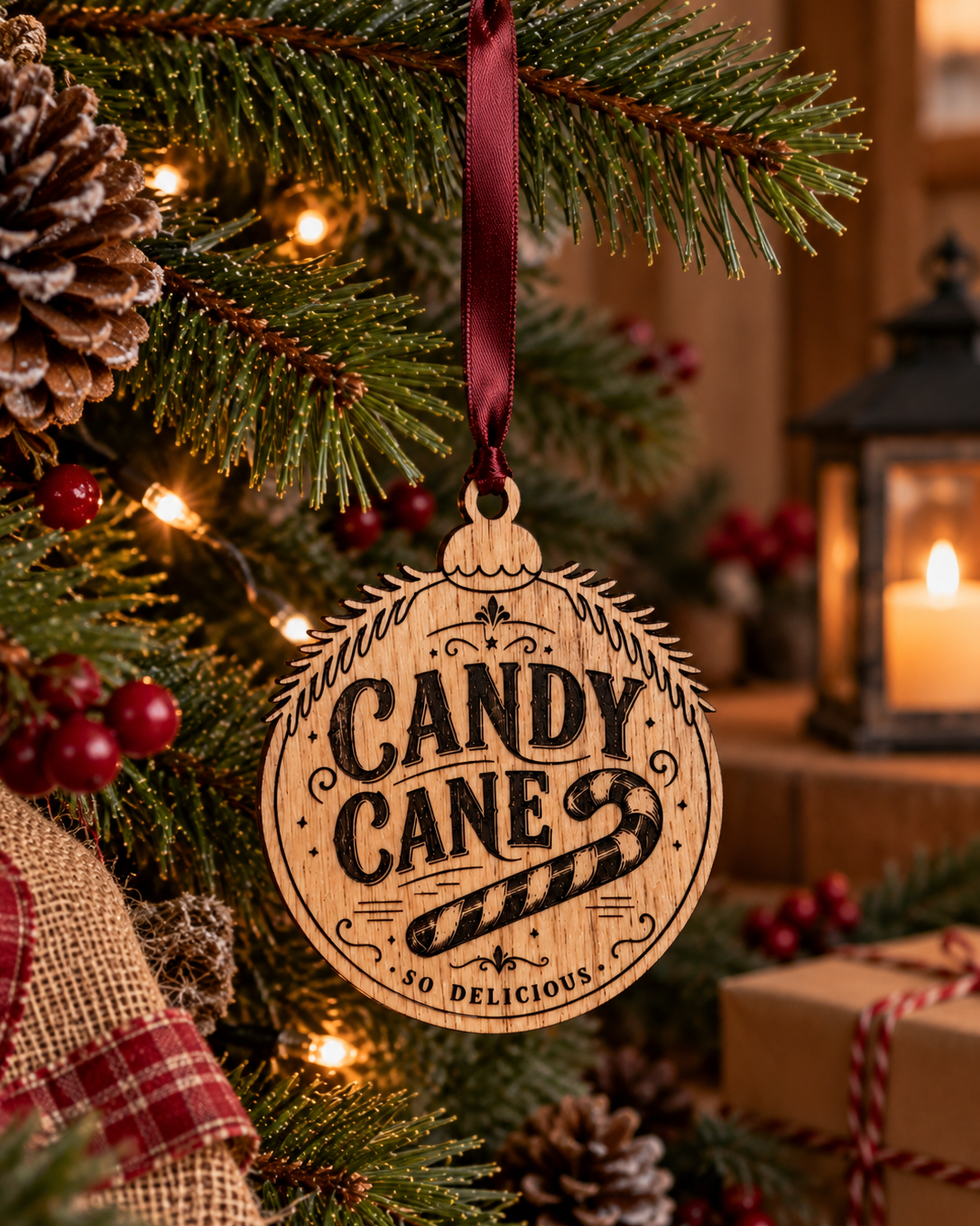 Suspension de Noël Candy Cane en bois gravé accrochée au sapin avec motif sucre d’orge.