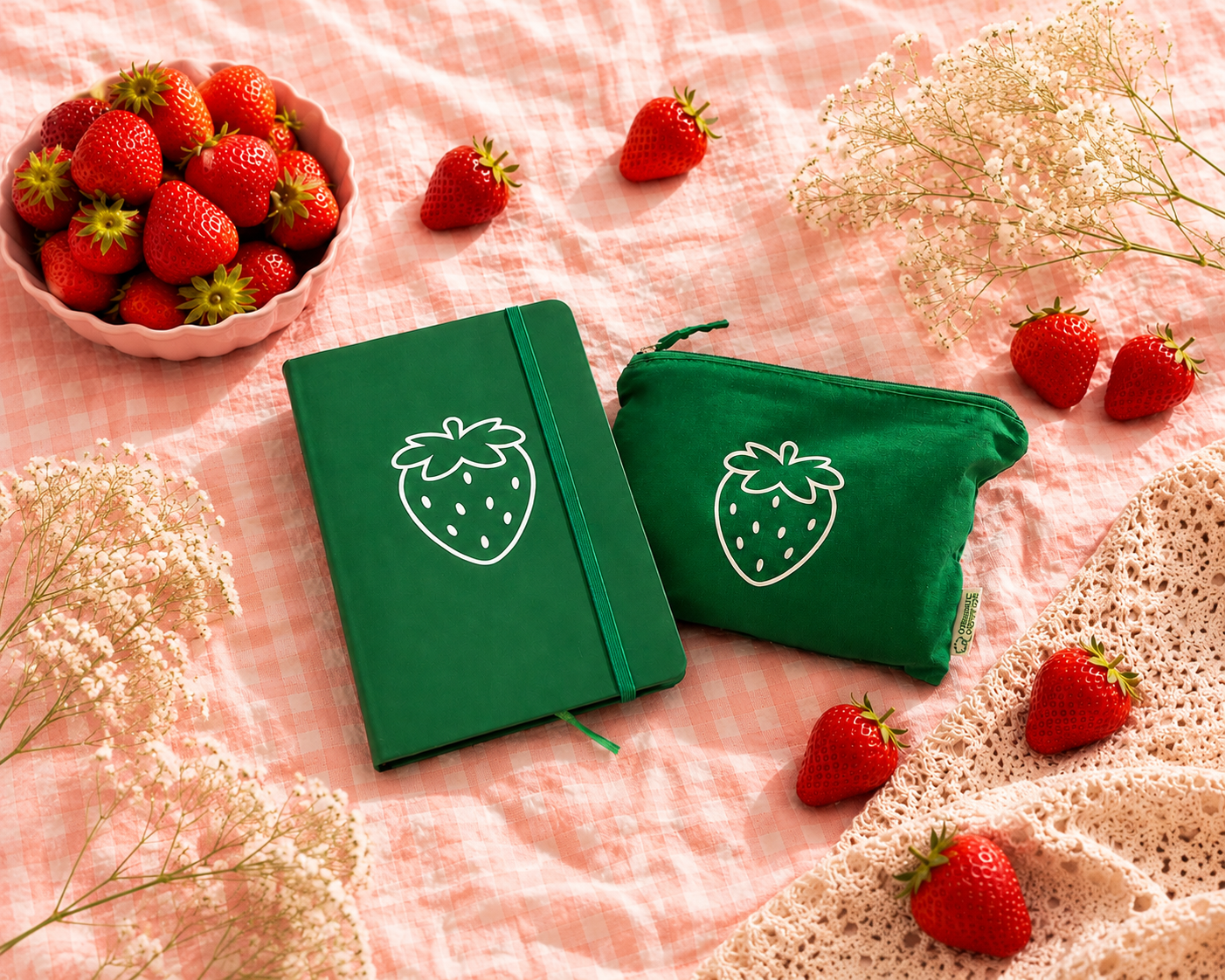 Carnet Salty Fraise et pochette assortie en coton organique vert avec motif fraise blanc, présentés sur un tissu vichy rose entourés de fraises fraîches dans une ambiance estivale.
