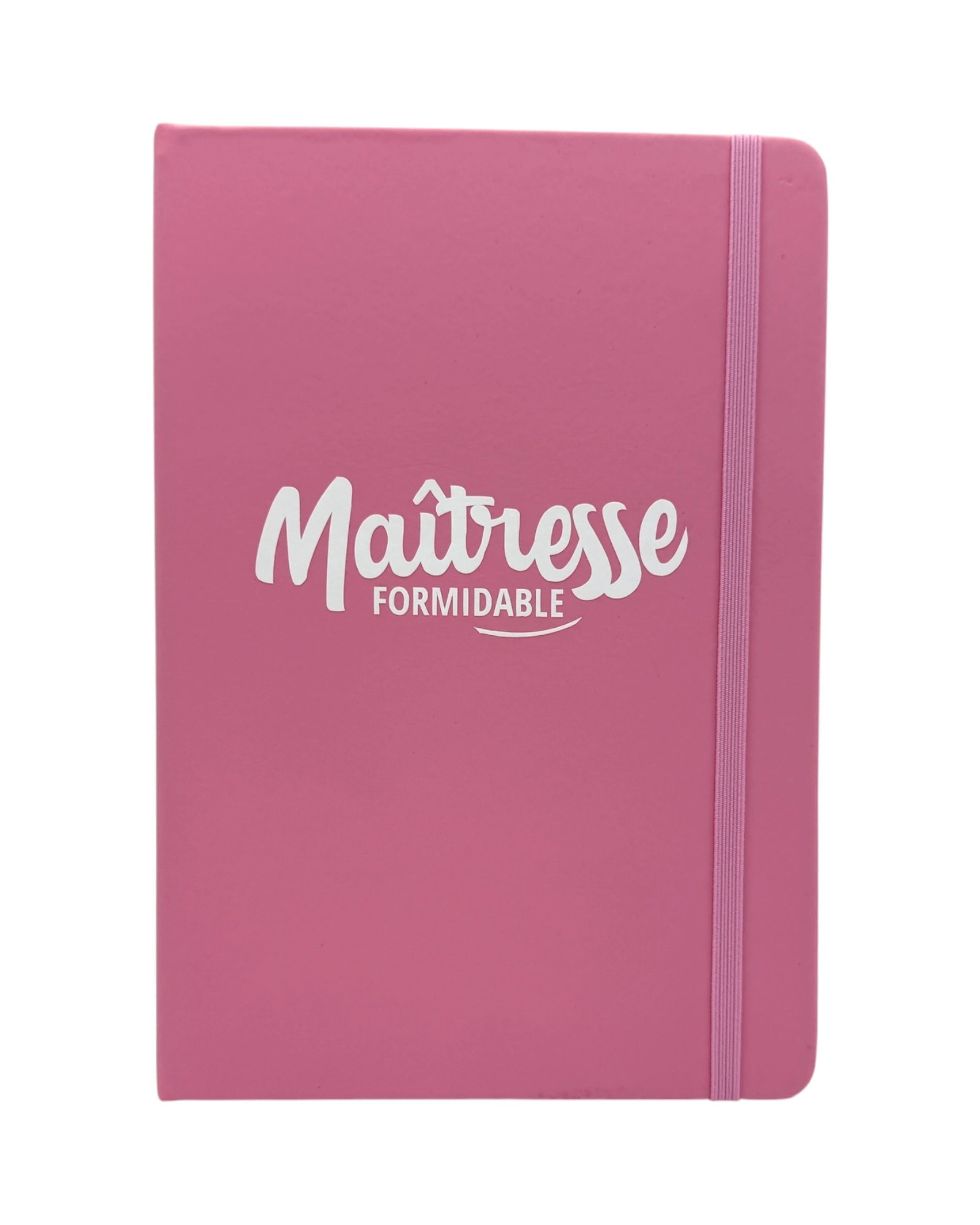 Carnet rose “Maîtresse Formidable” avec design minimaliste et message bienveillant, idée cadeau de fin d’année scolaire pour maîtresse.