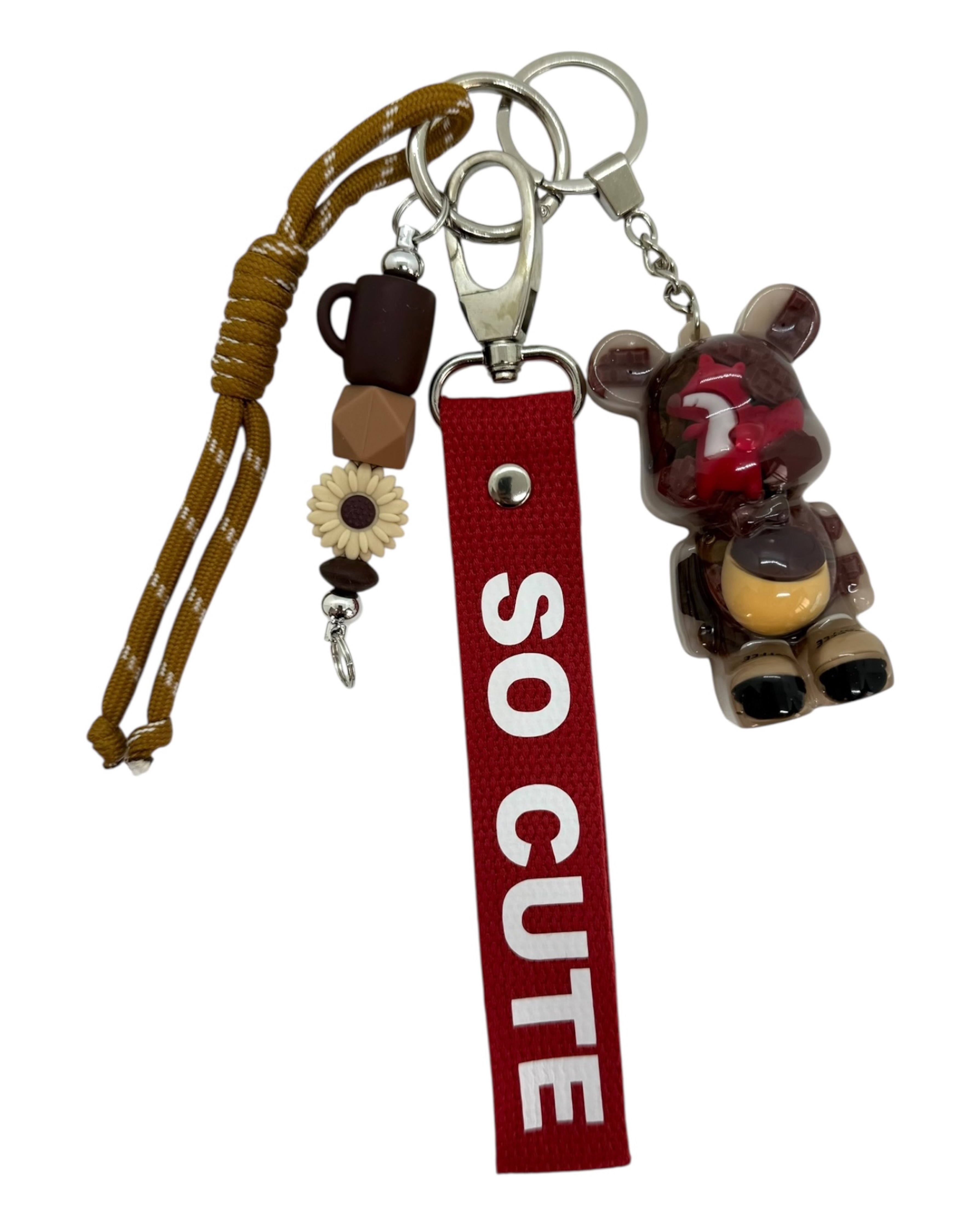Grigri de sac Teddy’z Coffee Fox en résine époxy fait main, bijou automnal unique avec café, gland et renard. Lolie'z