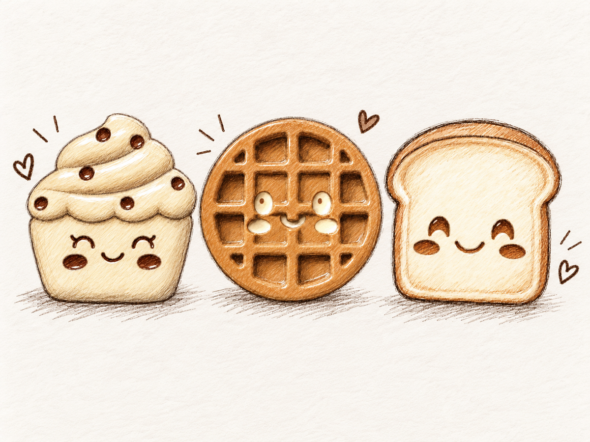 Illustration de la Cuties Bakery Lolie’z réunissant Little Cupcake, Little Waffle et Little Brioche dans un style dessiné à la main, doux et kawaii.