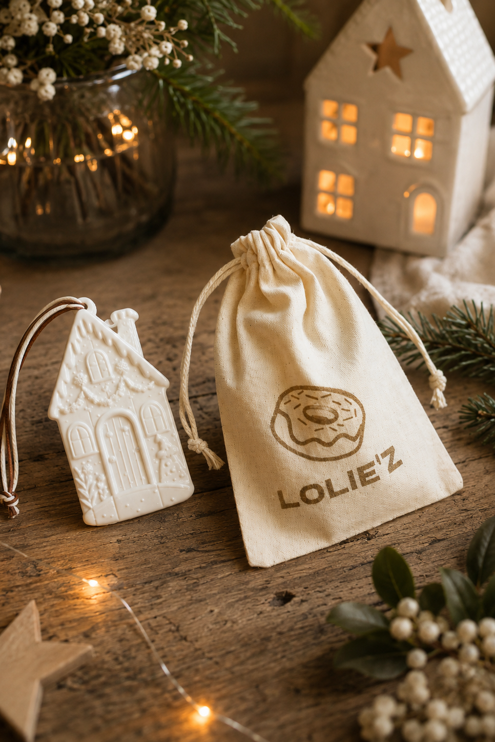 Mise en scène de la suspension de Noël Tiny Chalet en résine époxy, création artisanale Lolie'z, décorée dans une ambiance de fêtes avec une décoration naturelle et chaleureuse.