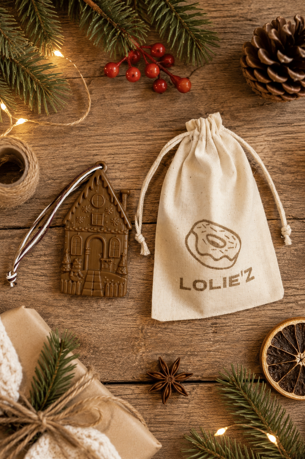Suspension de Noël Tiny Home en résine époxy, création artisanale Lolie'z, mise en scène dans un décor de fêtes chaleureux avec des éléments naturels, idéale comme décoration de sapin ou idée cadeau.