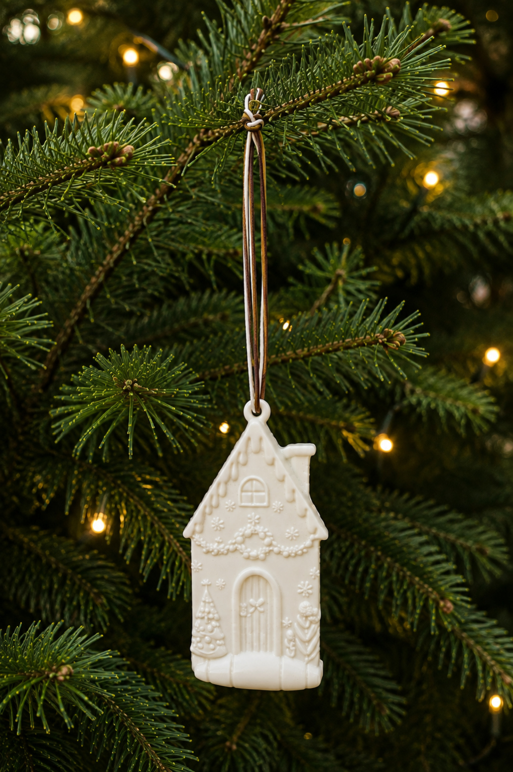 Suspension de Noël Tiny Home en résine époxy fabriquée à la main, présentée dans une mise en scène chaleureuse avec une décoration de Noël naturelle, idéale pour décorer un sapin ou offrir à Noël.