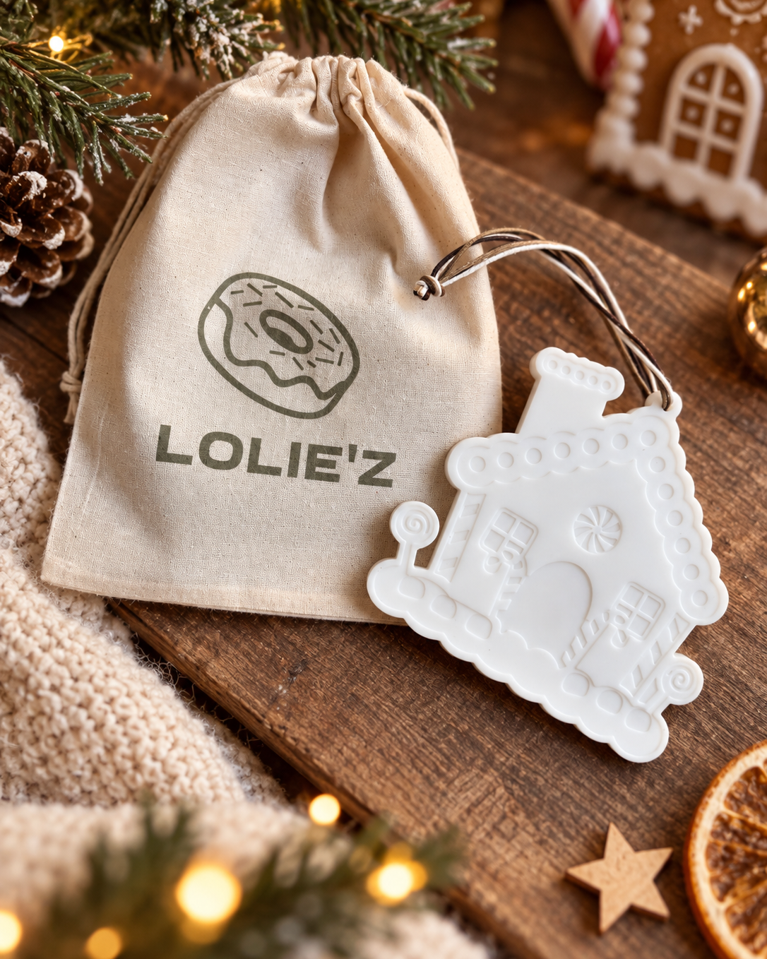 Ornement Gingerbread House en résine époxy avec pochon Lolie’z dans une ambiance de Noël.