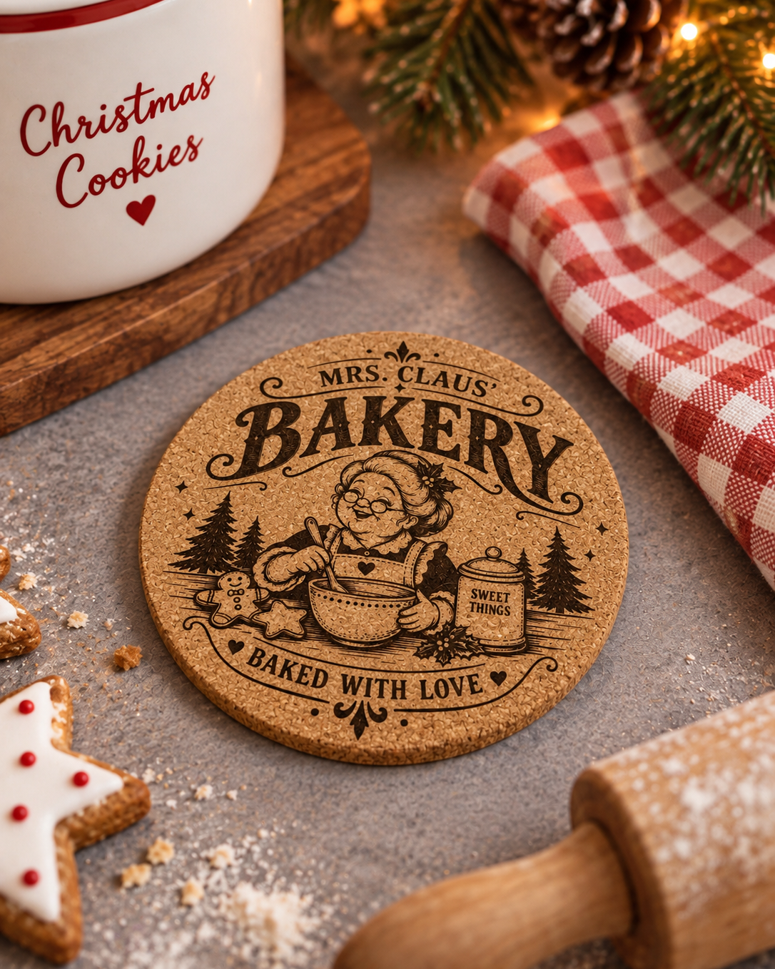 Dessous de plat en liège Mrs Claus Bakery gravé, présenté dans une ambiance pâtisserie de Noël avec biscuits et rouleau à pâtisserie.
