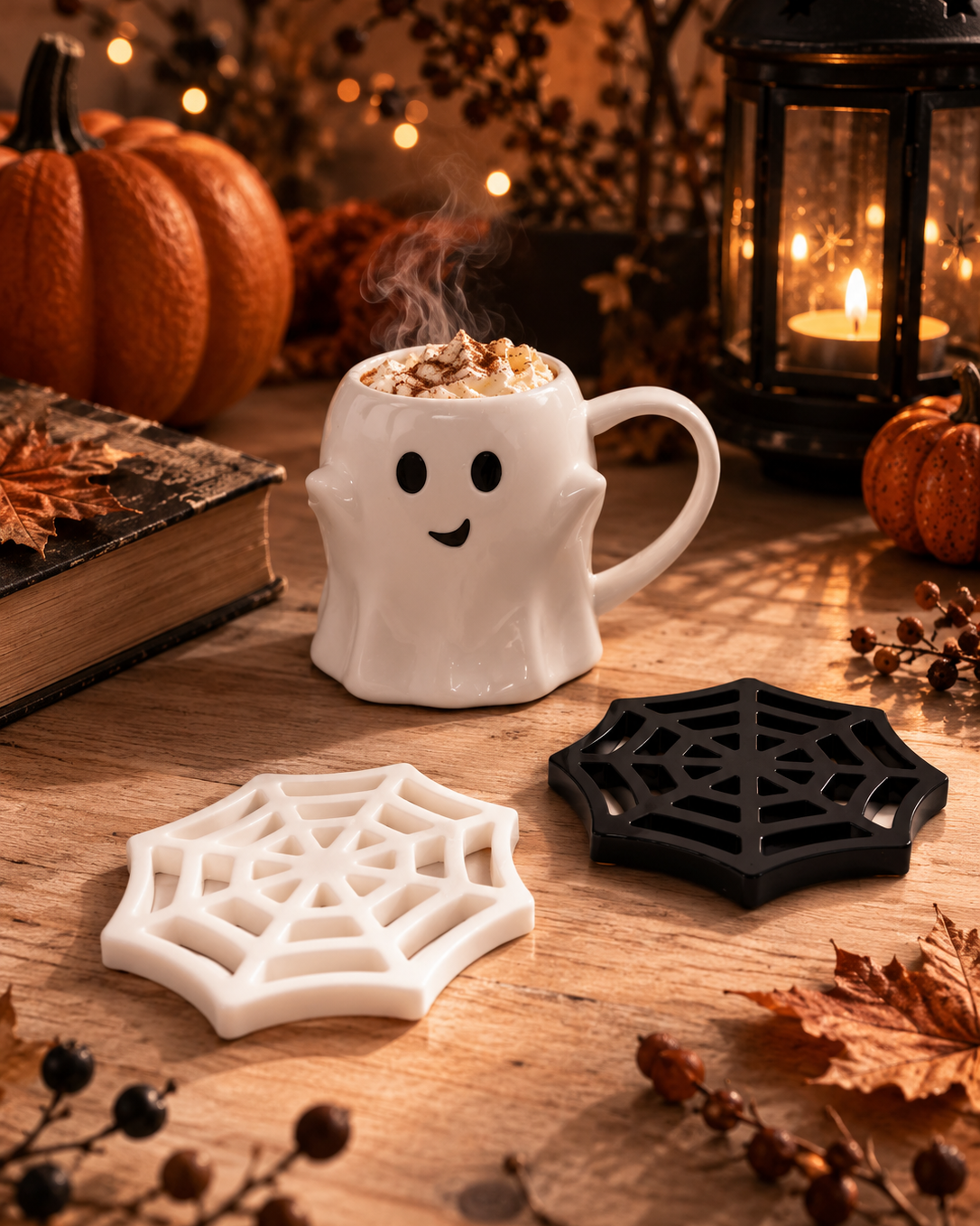 Lot de deux dessous de verre toile d’araignée noir et blanc en résine époxy faits main, présentés dans une décoration d’Halloween automnale.