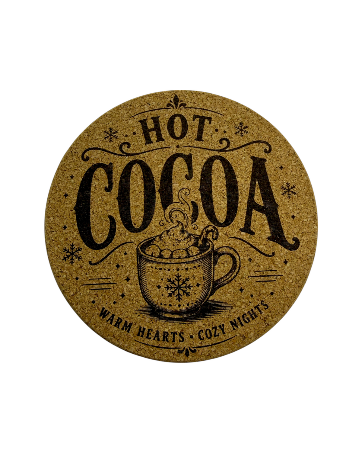 Dessous de verre en liège Hot Cocoa avec tasse de chocolat chaud et illustration de Noël vintage