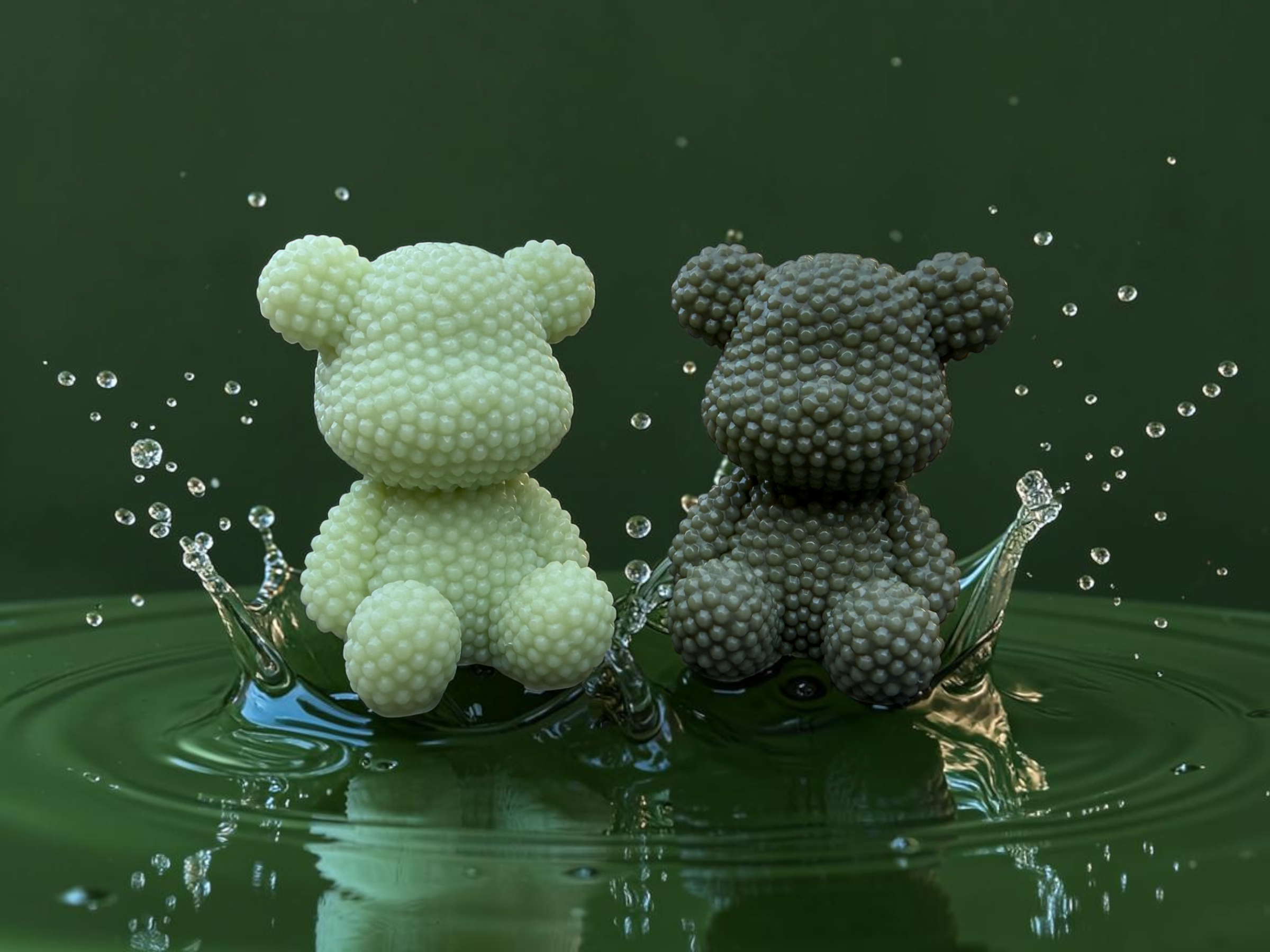 Deux Bubble Ted en résine époxy vert clair et kaki présentés ensemble dans un décor vert avec effet d’éclaboussures.