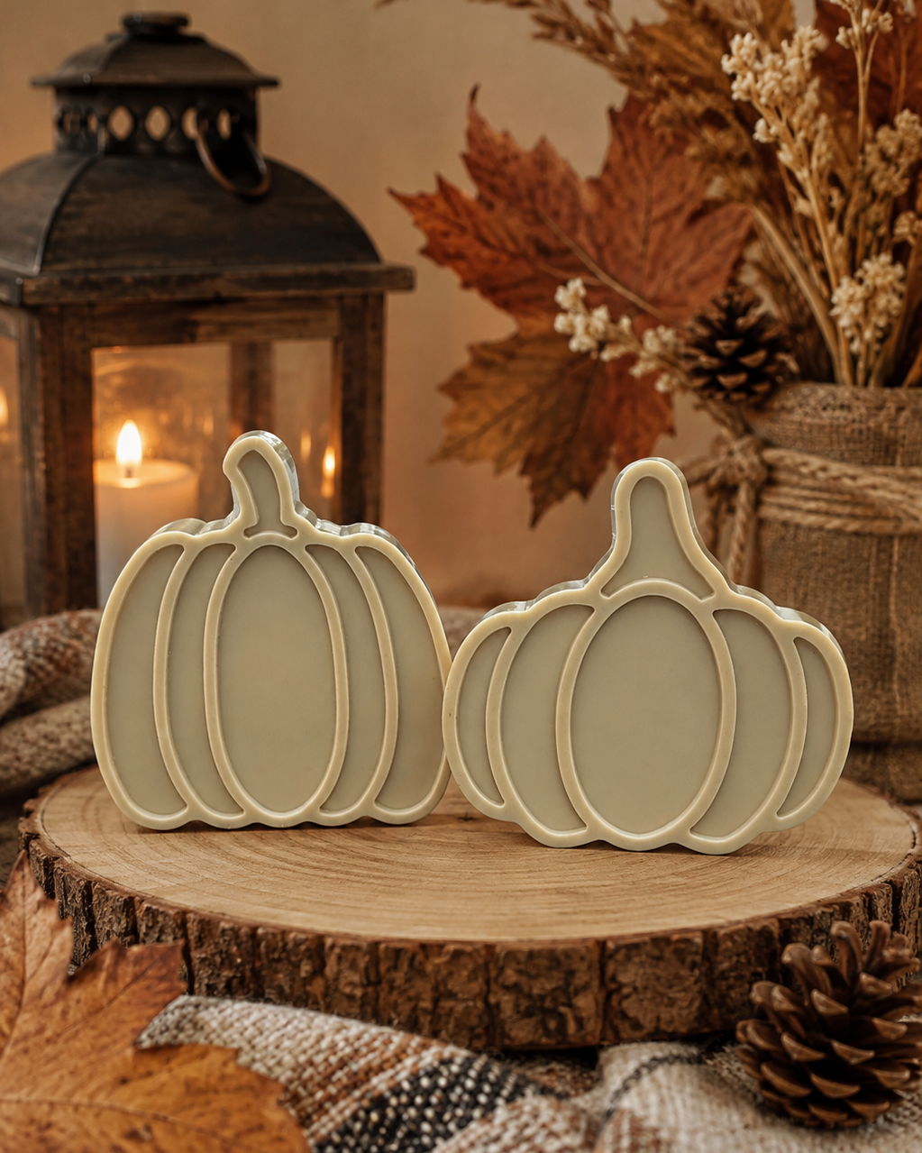 Duo de citrouilles décoratives en résine époxy beige fait main, présenté dans une mise en scène automnale avec feuilles, pommes de pin et lanterne.