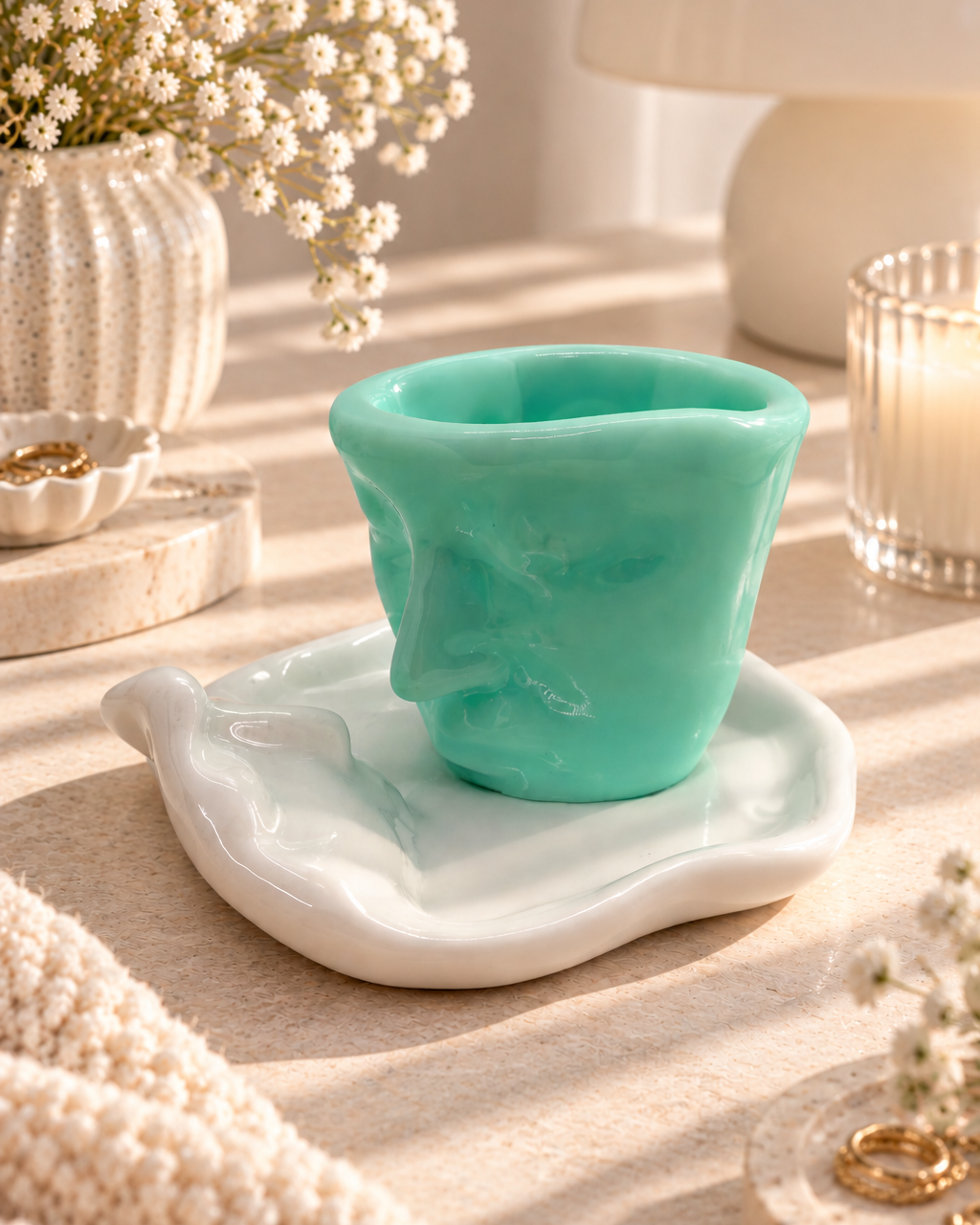 Ensemble décoratif You & Me en résine époxy composé d'un gobelet vert menthe aux formes organiques et d'un petit plateau blanc brillant, dans une décoration intérieure douce et lumineuse.