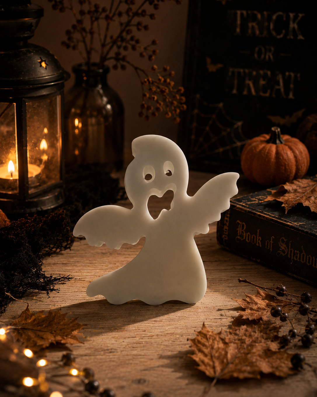 Edgar, fantôme blanc décoratif en résine époxy fait main pour une décoration d’Halloween originale.
