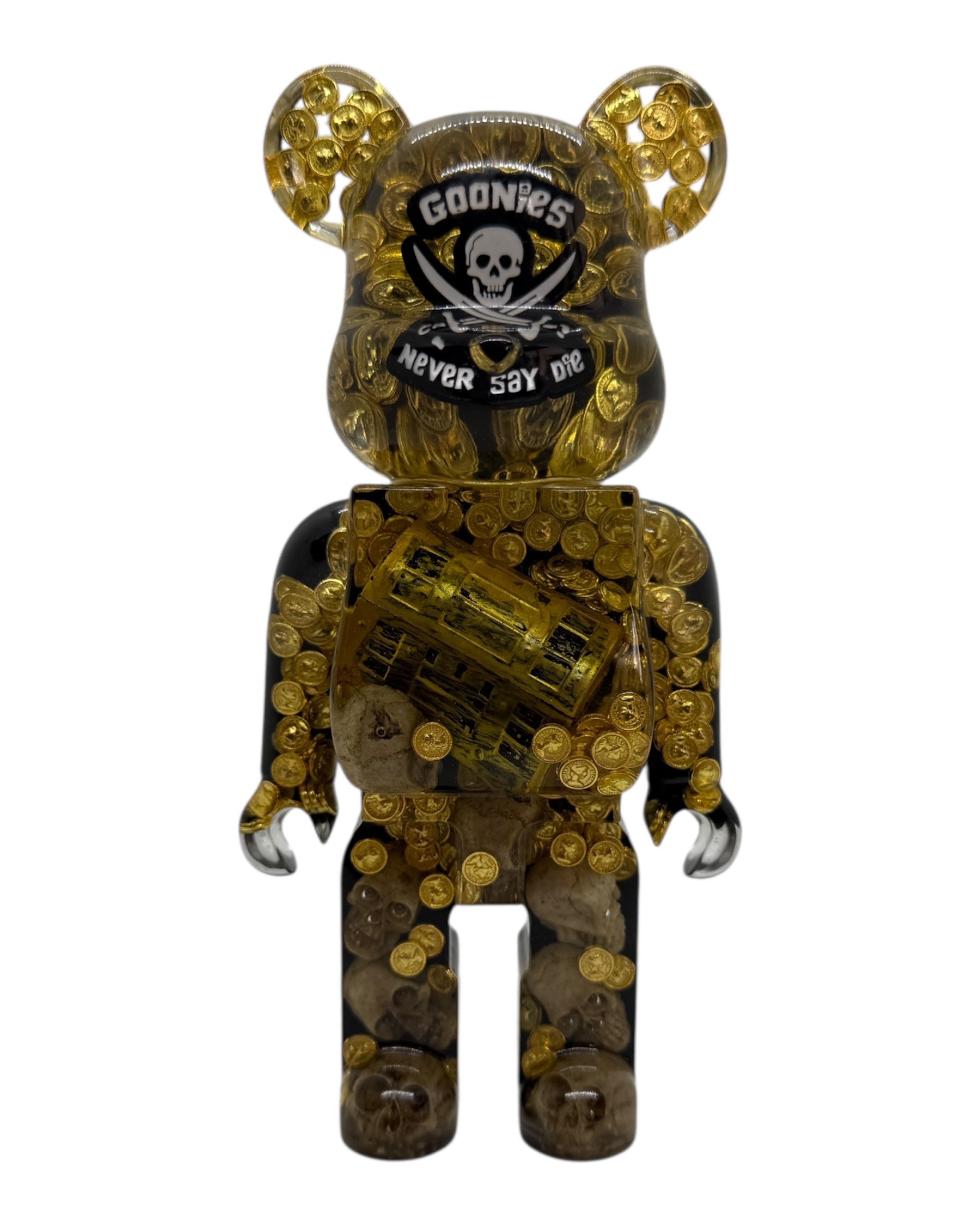 Figurine Giant Ted Treasure en résine époxy transparente avec pièces dorées incluses, teddy géant décoratif au style aventure et chasse au trésor.