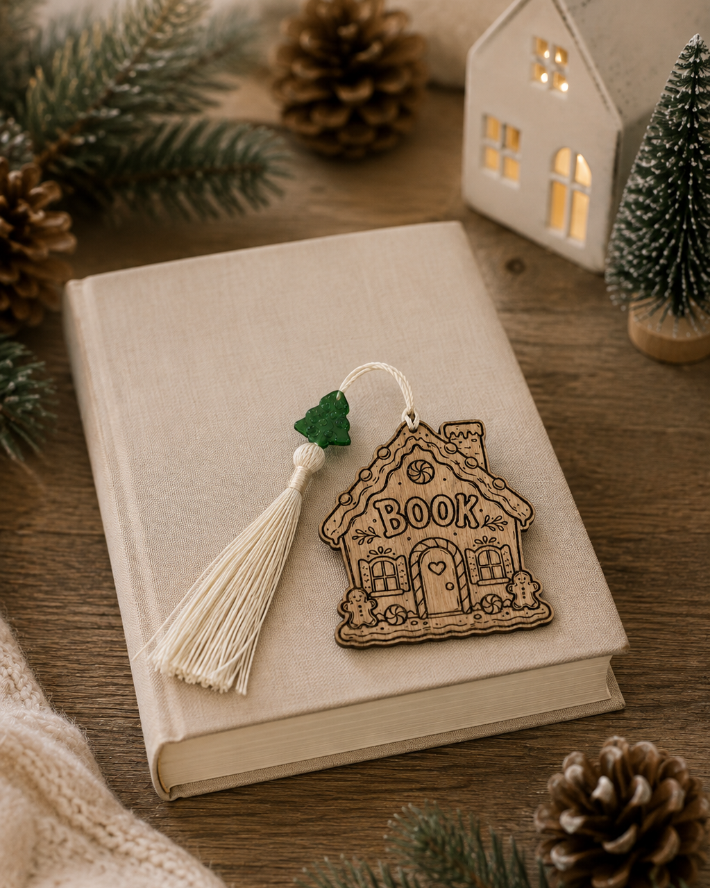 GINGERBOOK HOUSE, marque-page de Noël en bois gravé en forme de maison pain d’épices avec pompon et petite perle sapin.