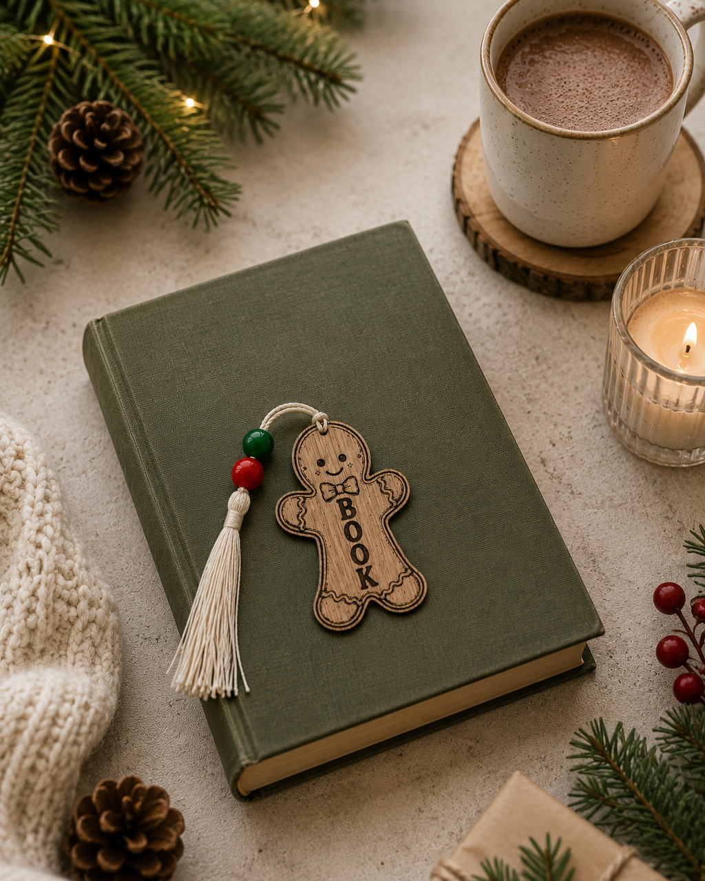 GINGERBREAD MAN, marque-page de Noël en bois en forme de bonhomme pain d’épices BOOK, posé sur un livre dans une ambiance chaleureuse de Noël.