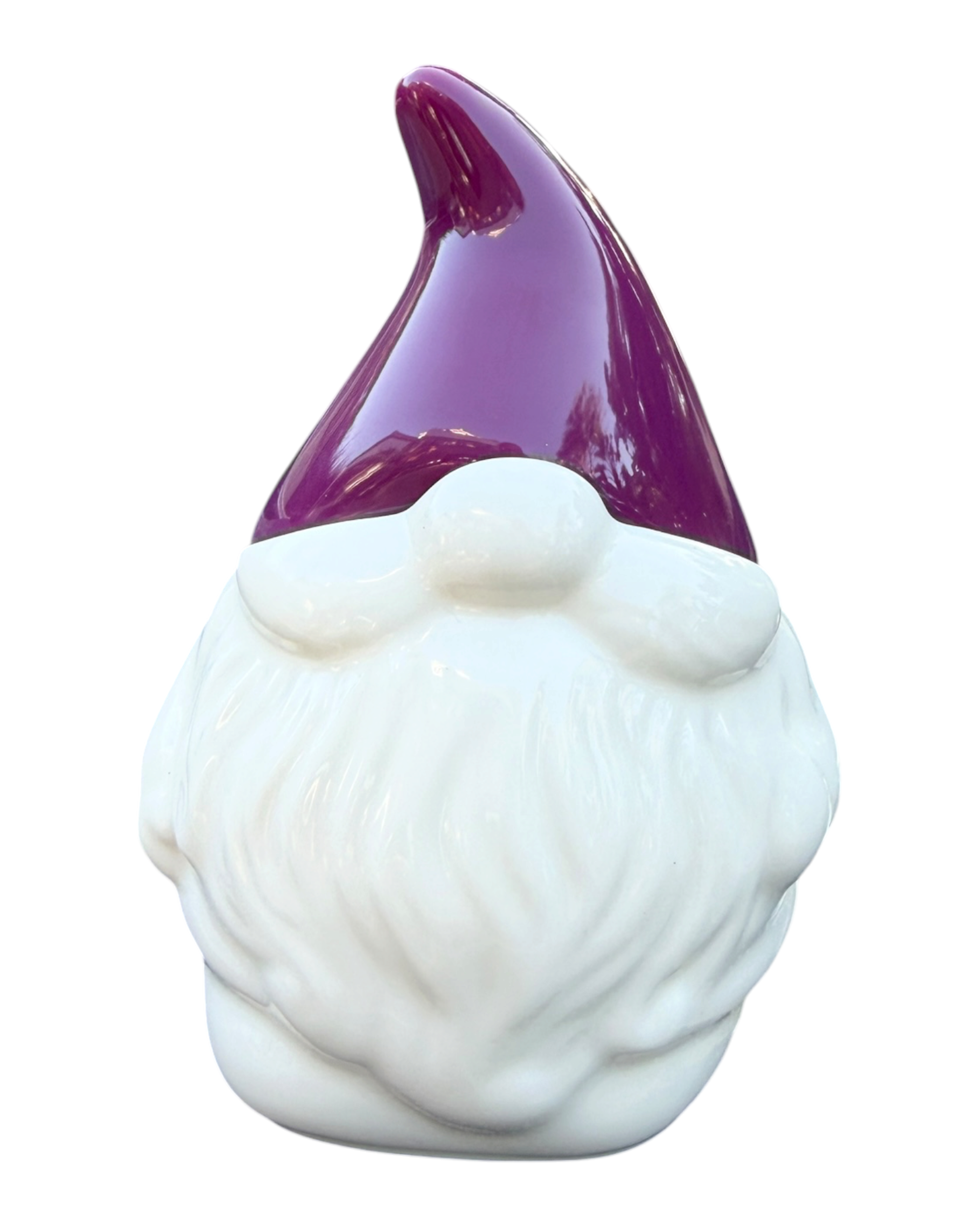 Gnom’Box, boîte décorative en forme de gnome blanc avec bonnet prune, fabriquée à la main en résine époxy pour ranger bijoux et petits trésors.