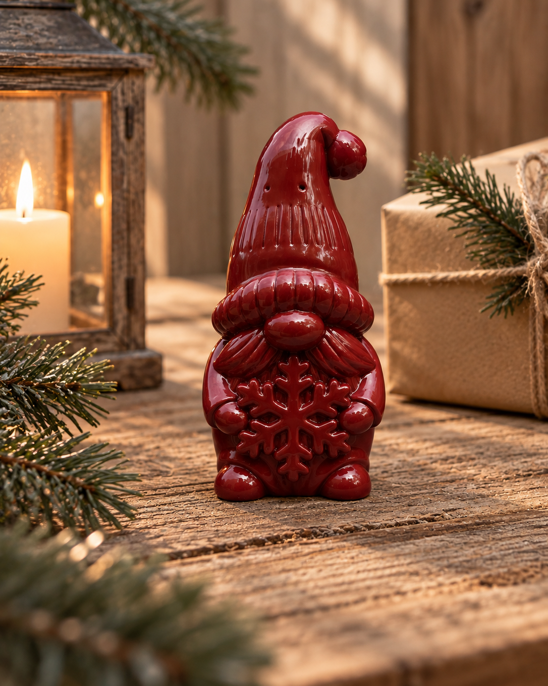Gnome de Noël tenant un flocon, décoration en résine artisanale mise en scène dans une ambiance de Noël chaleureuse.