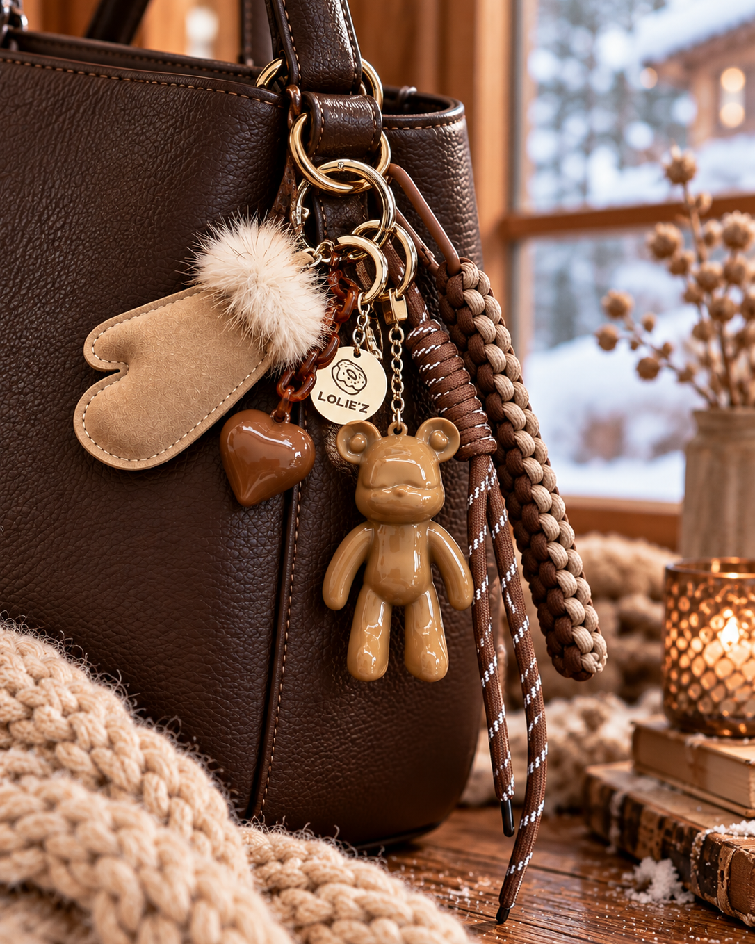 Grigri de sac Miss Caramel Lolie’z avec ours en résine époxy caramel glossy, cœur chocolat, moufle beige à fourrure écrue et cordons marron assortis.
