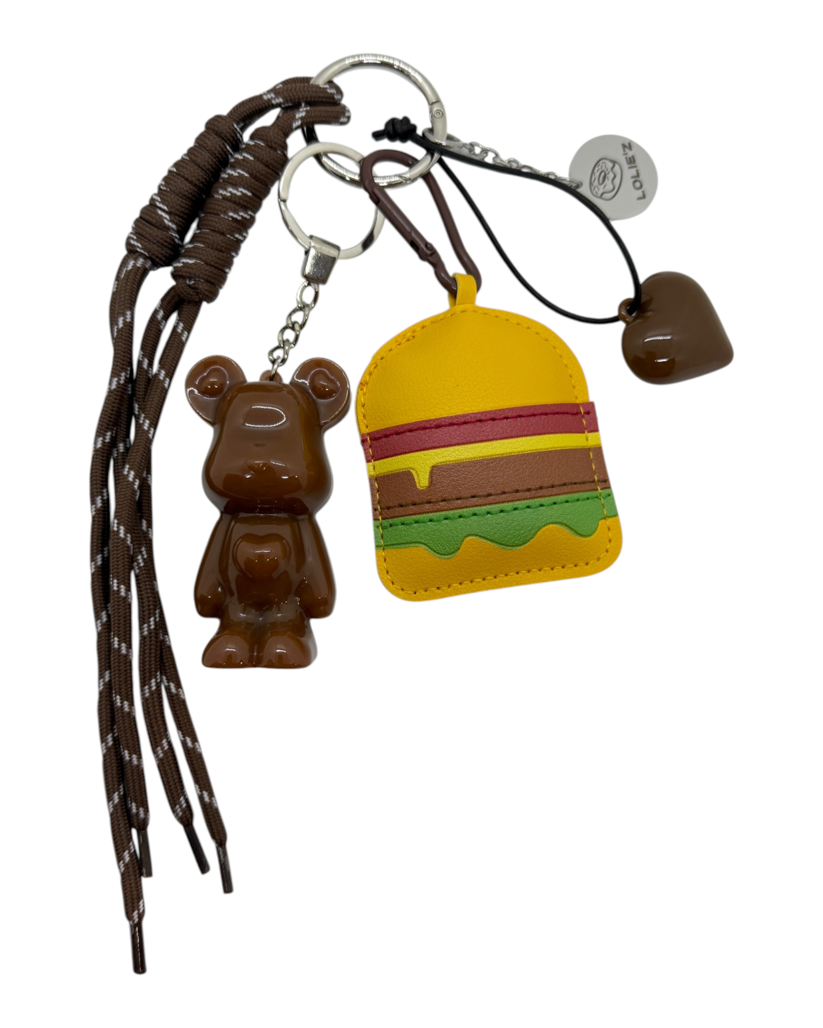 Marley Burger Addict grigri de sac chocolat en résine époxy avec mini burger et cordons assortis