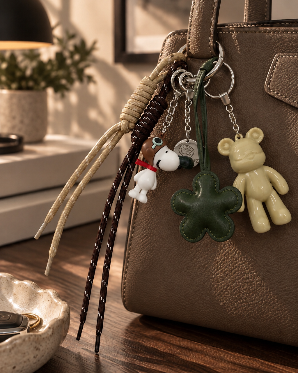 Grigri de sac Lolie’z aux tons crème, vert et marron avec Teddy’z en résine époxy, fleur verte, breloque chien et cordons, assemblé à la main en France.
