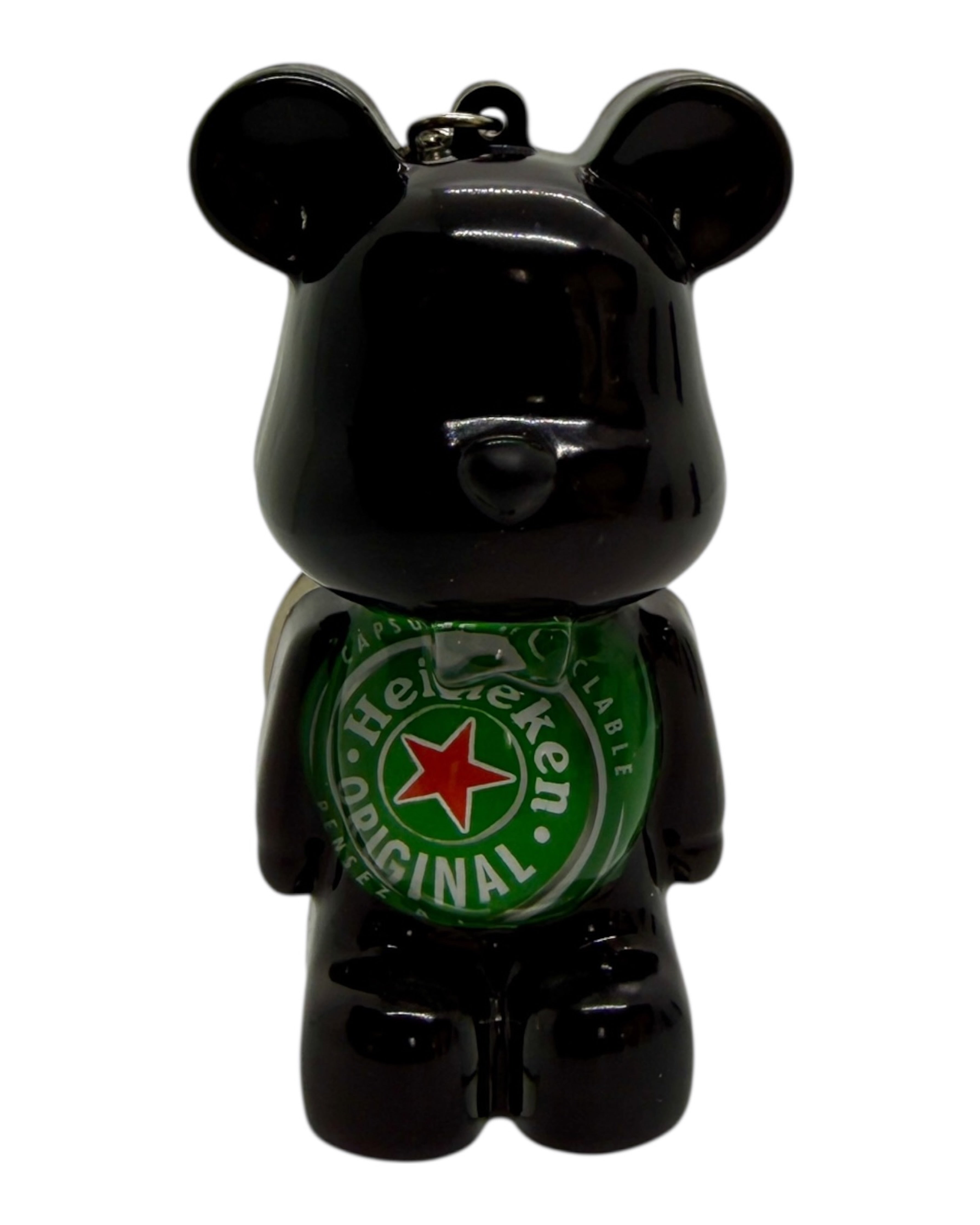Ours Teddy’z vert artisanal inspiré univers Heineken, accessoire original fait main.