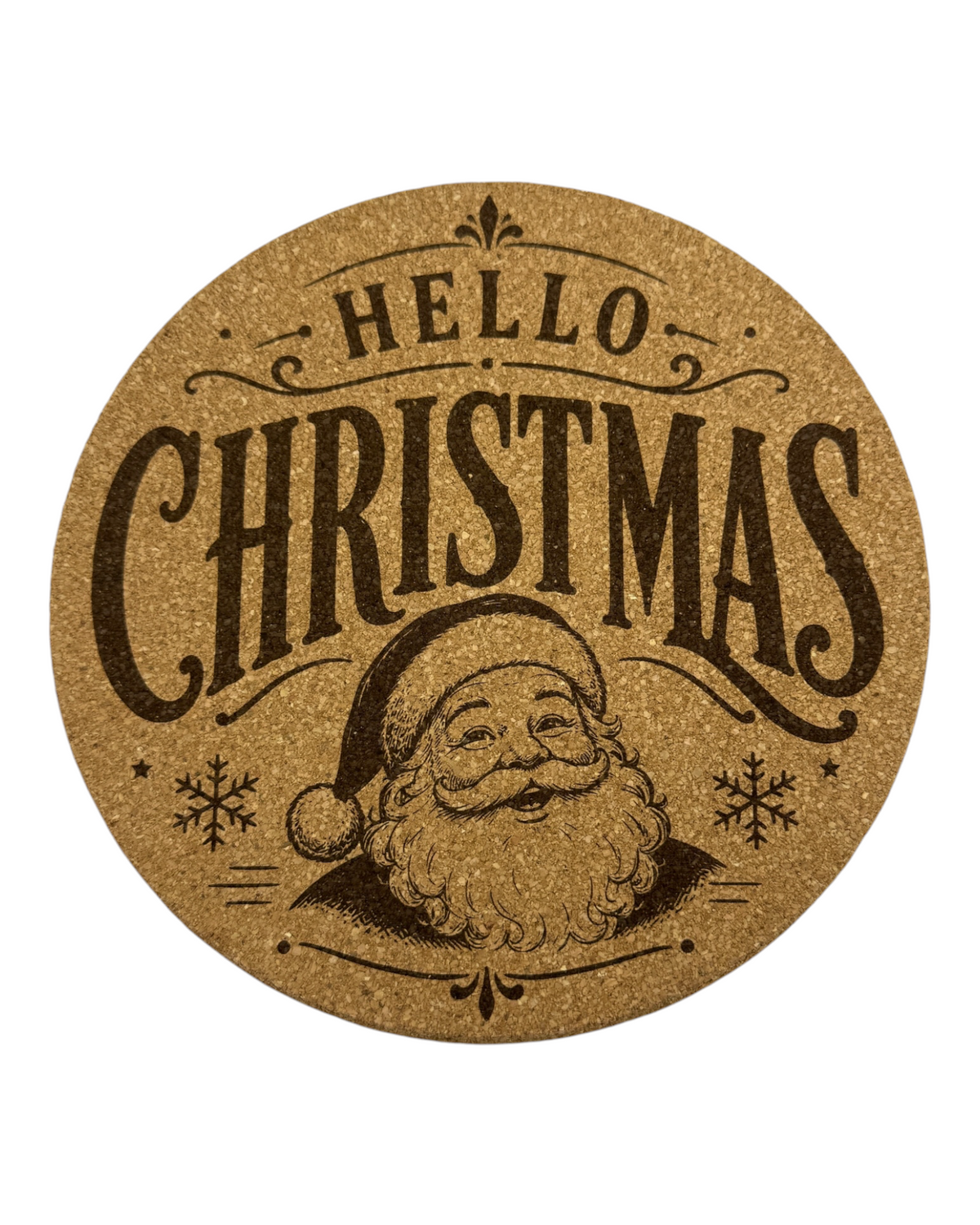 Dessous de plat rond en liège Hello Christmas gravé au laser avec illustration vintage du Père Noël