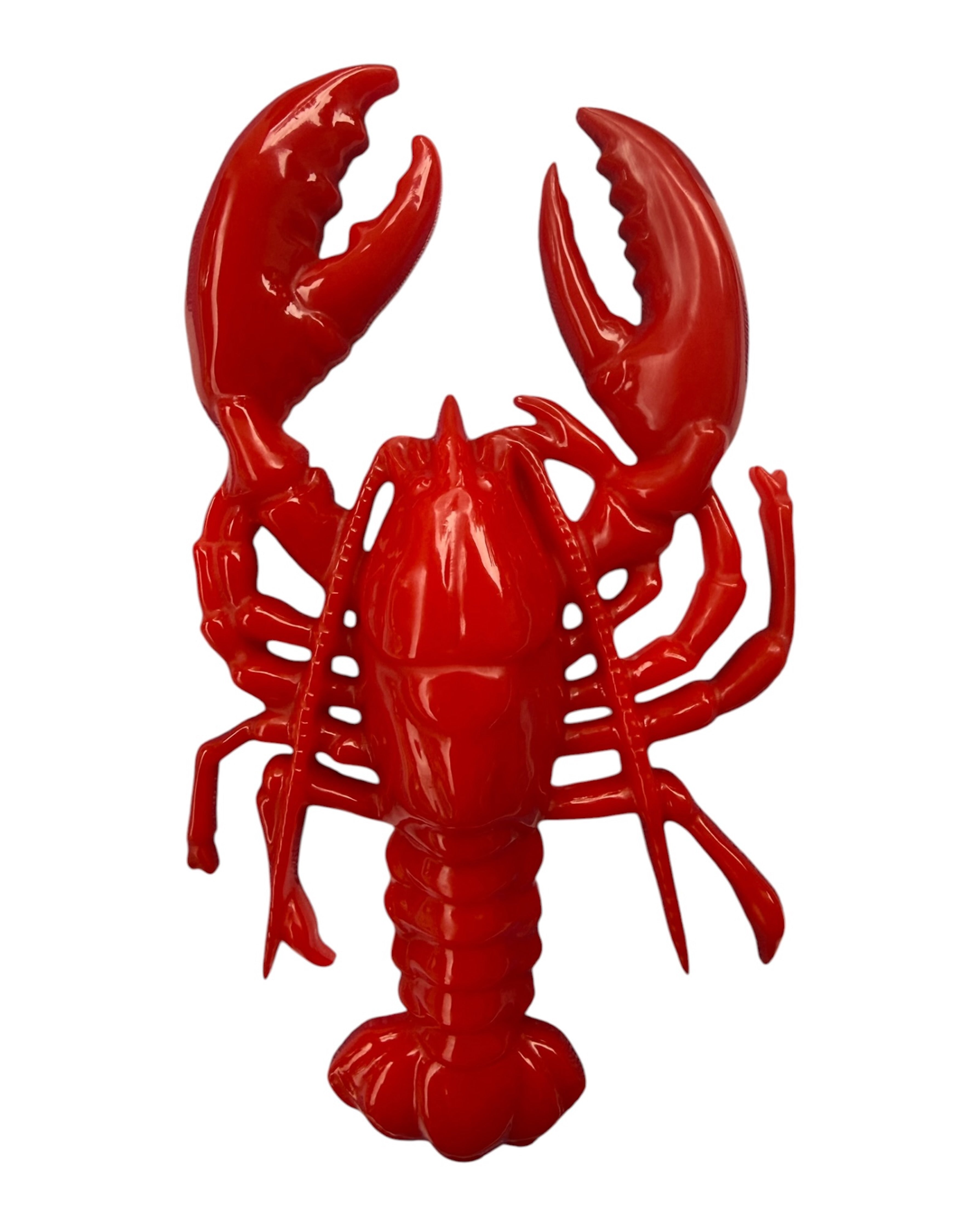 Homard decoratif rouge brillant en resine epoxy, design moderne et piece unique faite main pour decoration interieure.