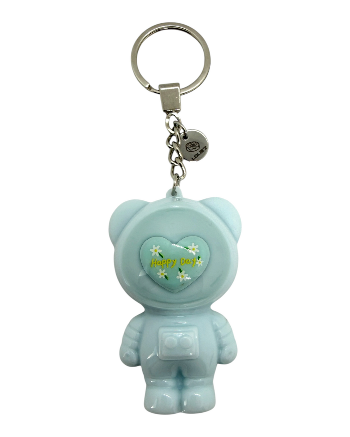 Porte-clés Izzy Happy Day de Lolie’z, petit ours astronaute fabriqué à la main en résine époxy avec médaille logo gravée.