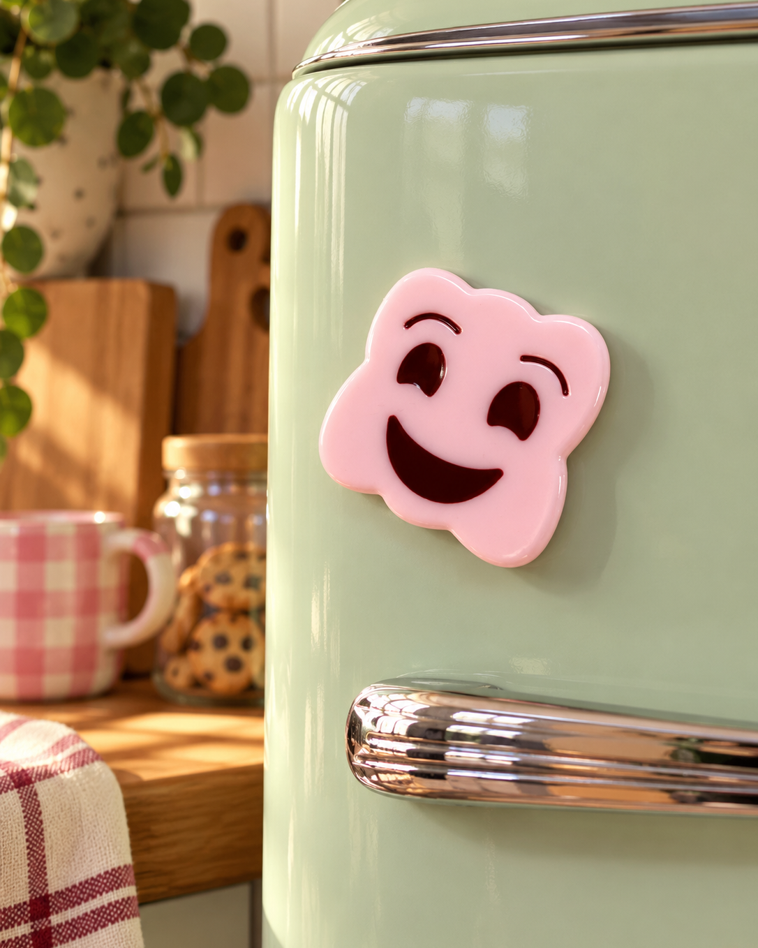 Little Biscuit Happy magnet en résine époxy présenté sur un réfrigérateur rétro