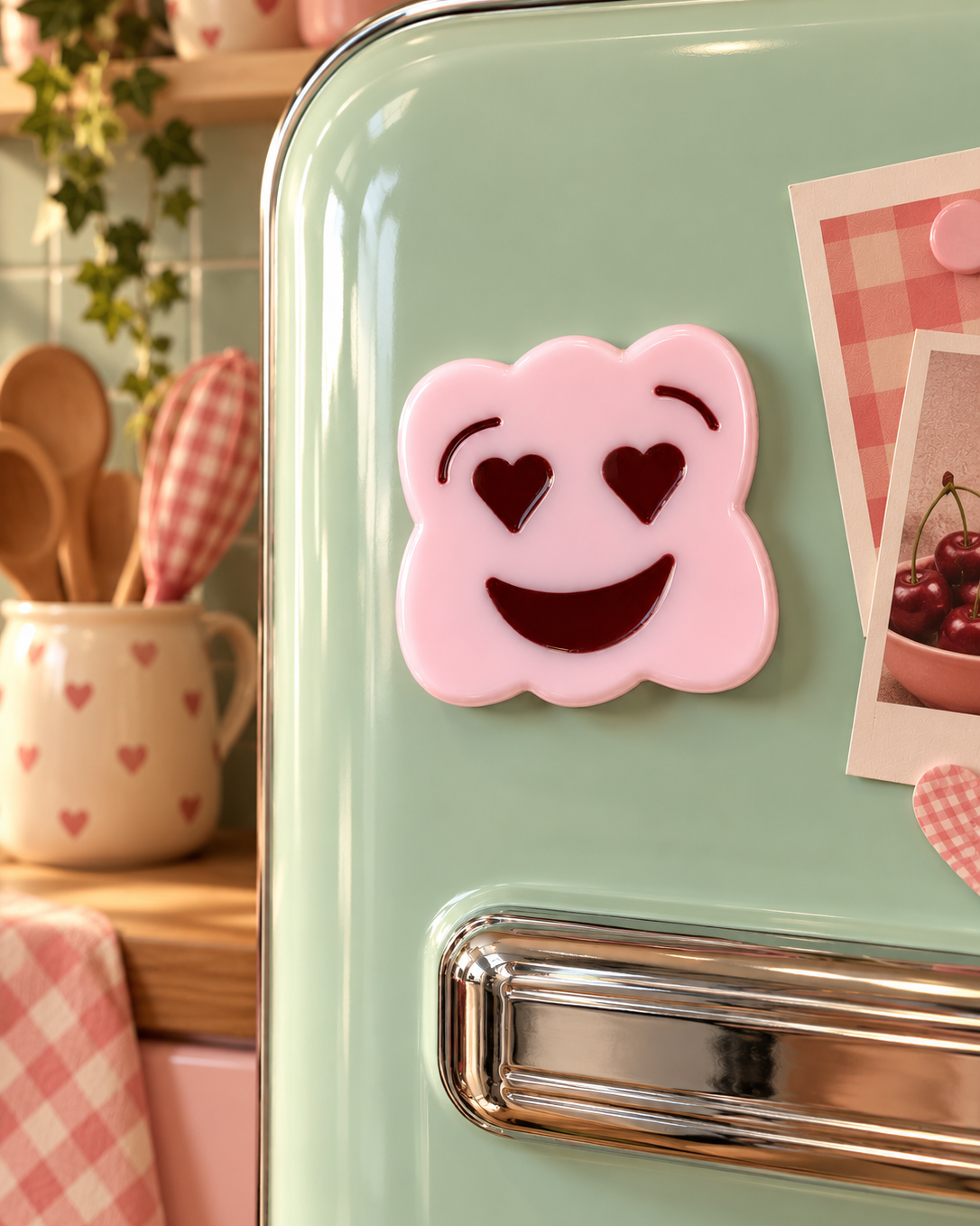 Magnet Little Biscuit Love en résine époxy présenté sur un réfrigérateur rétro