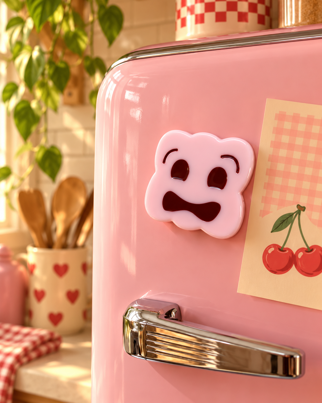 Little Biscuit Oops magnet en résine époxy présenté sur un réfrigérateur rétro
