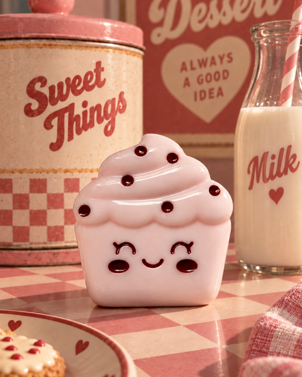 Little Cupcake rose de la Cuties Bakery Lolie’z, décoration artisanale en résine époxy mise en scène dans un décor rétro gourmand avec lait et biscuits.
