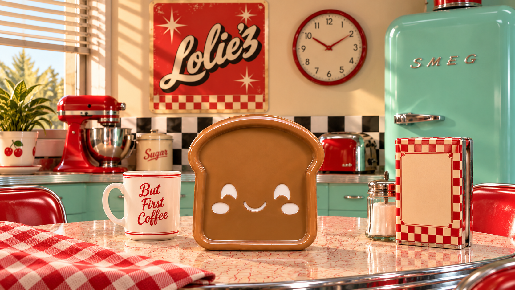 Little Brioche marron de la Cuties Bakery Lolie’z, création décorative en résine époxy présentée dans une cuisine rétro aux couleurs rouge et turquoise.