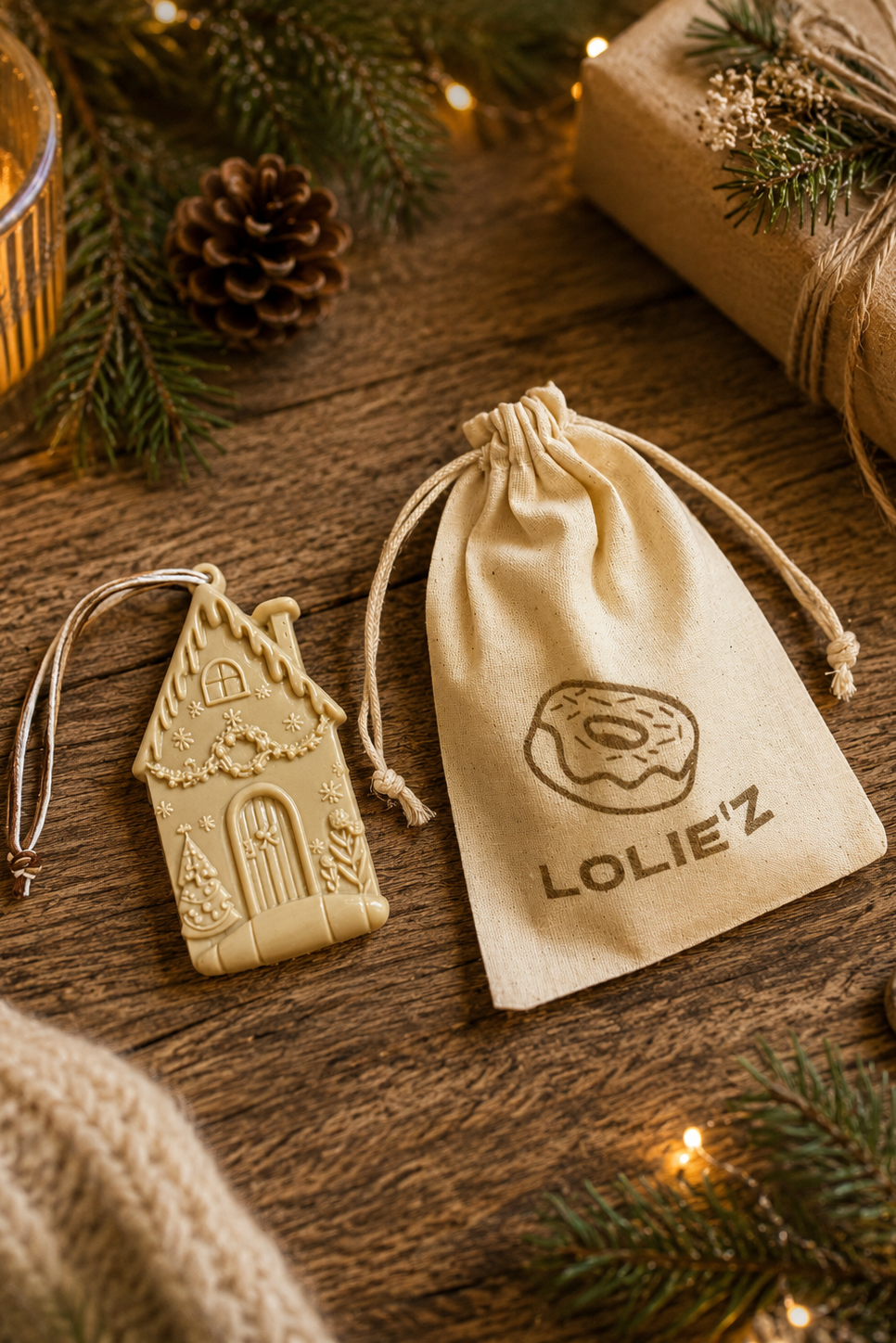 Mise en scène de la suspension de Noël Tiny Home en résine époxy, création artisanale Lolie'z, dans une ambiance de fêtes chaleureuse avec des décorations de Noël et des éléments naturels.
