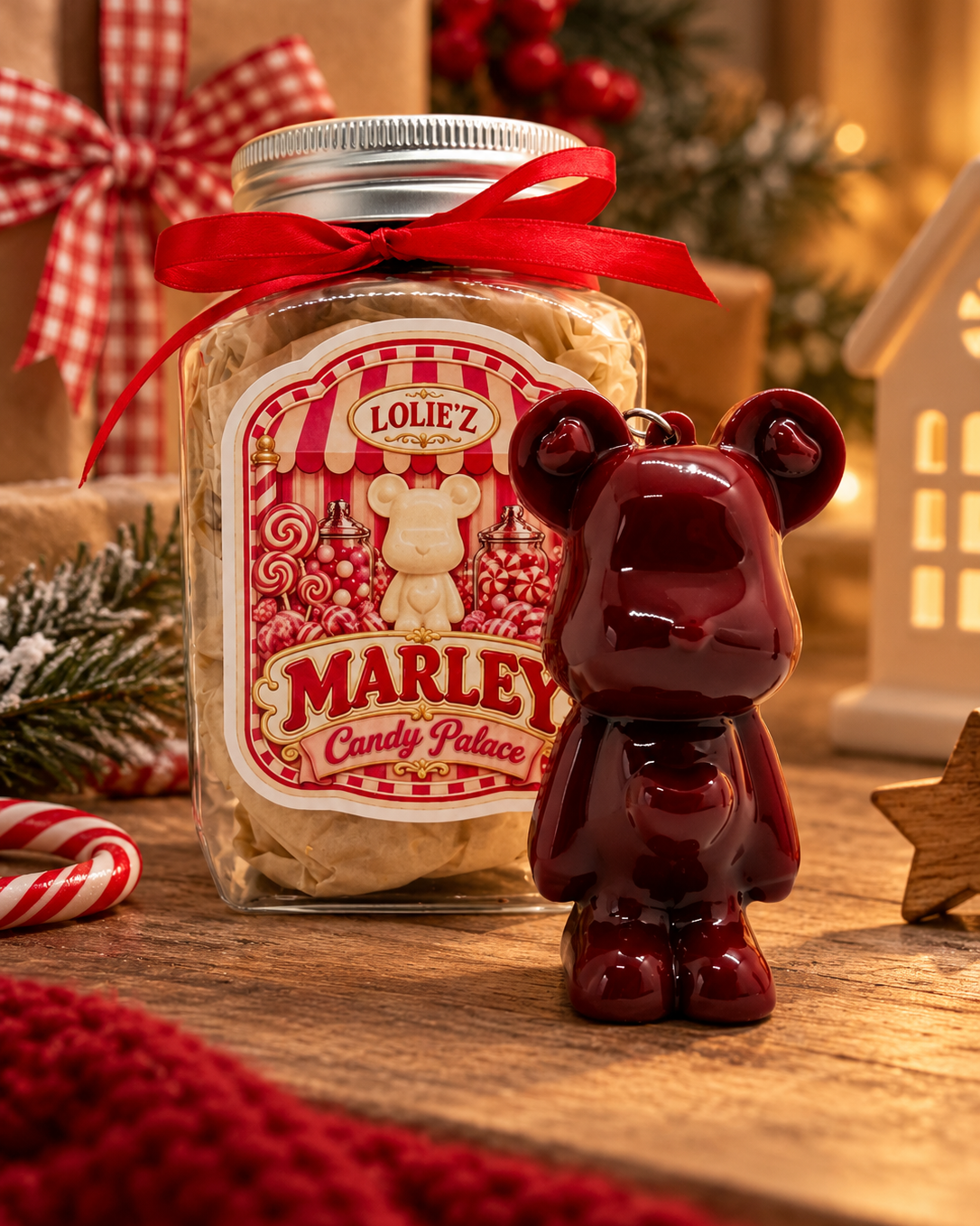 Porte-clés Marley Black Cherry en résine époxy bordeaux glossy présenté avec son pot de confiserie rétro dans une mise en scène de Noël.