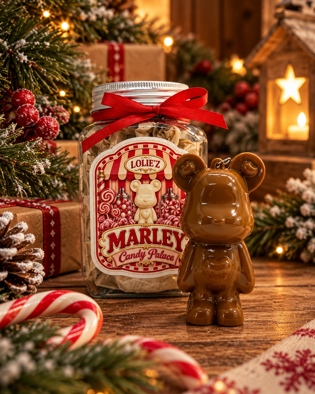 Porte-clés Marley Candy Palace présenté dans son pot façon confiserie rétro dans une mise en scène de Noël.