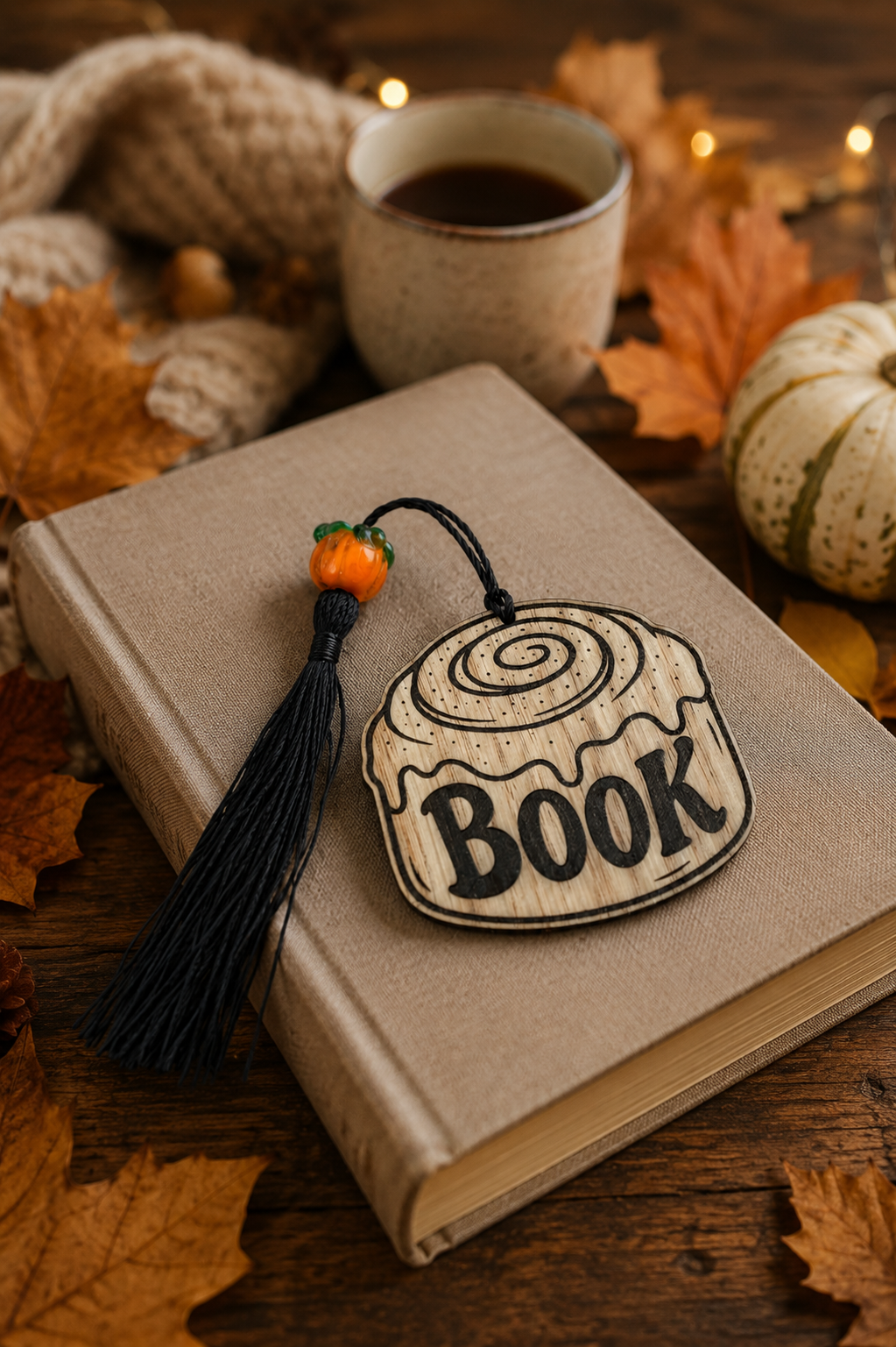 Marque-page en bois Cinnamon Roll BOOK gravé, avec pompon noir et perle citrouille orange.

